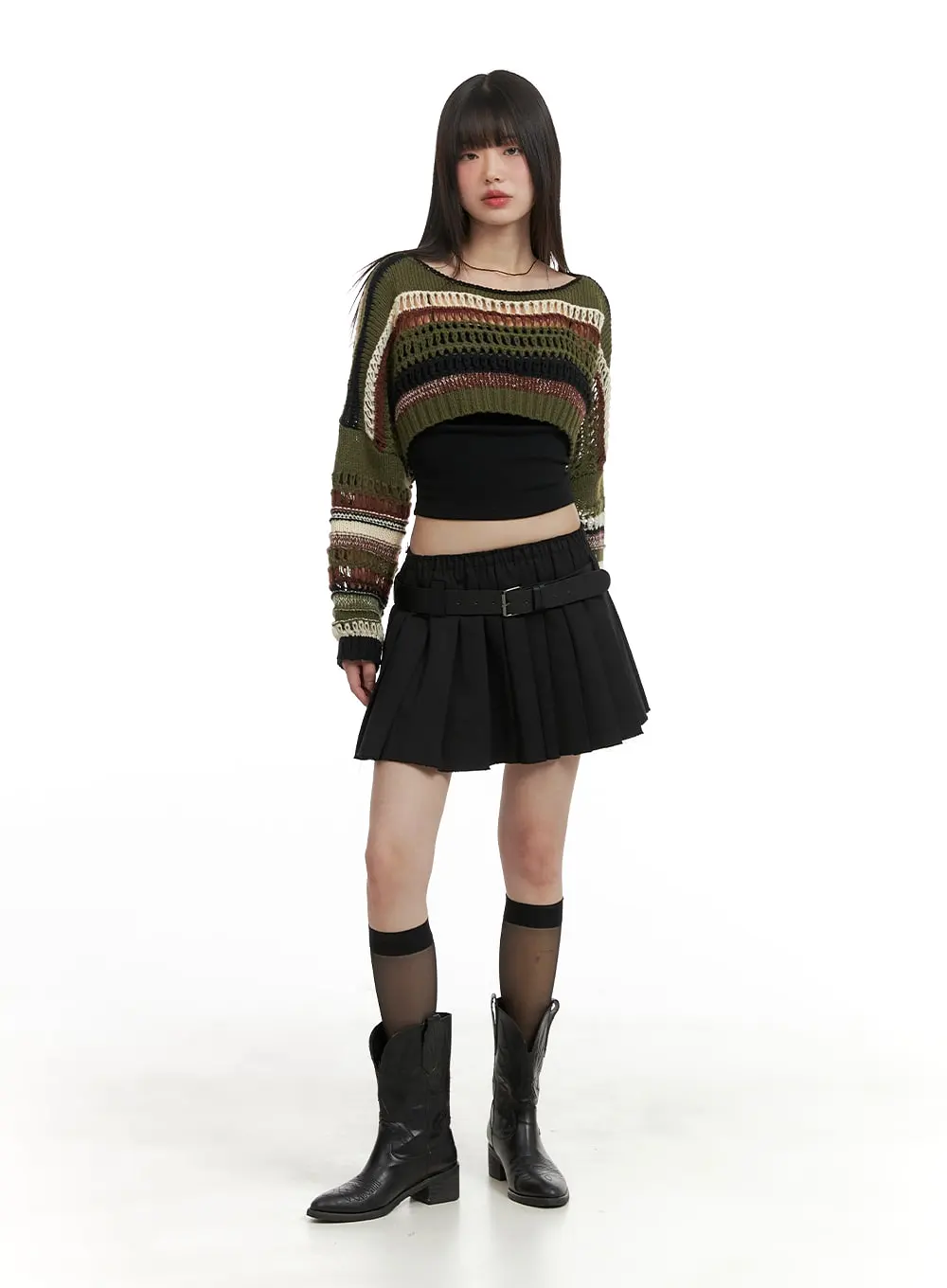 Striped Crochet Crop Sweater CA411