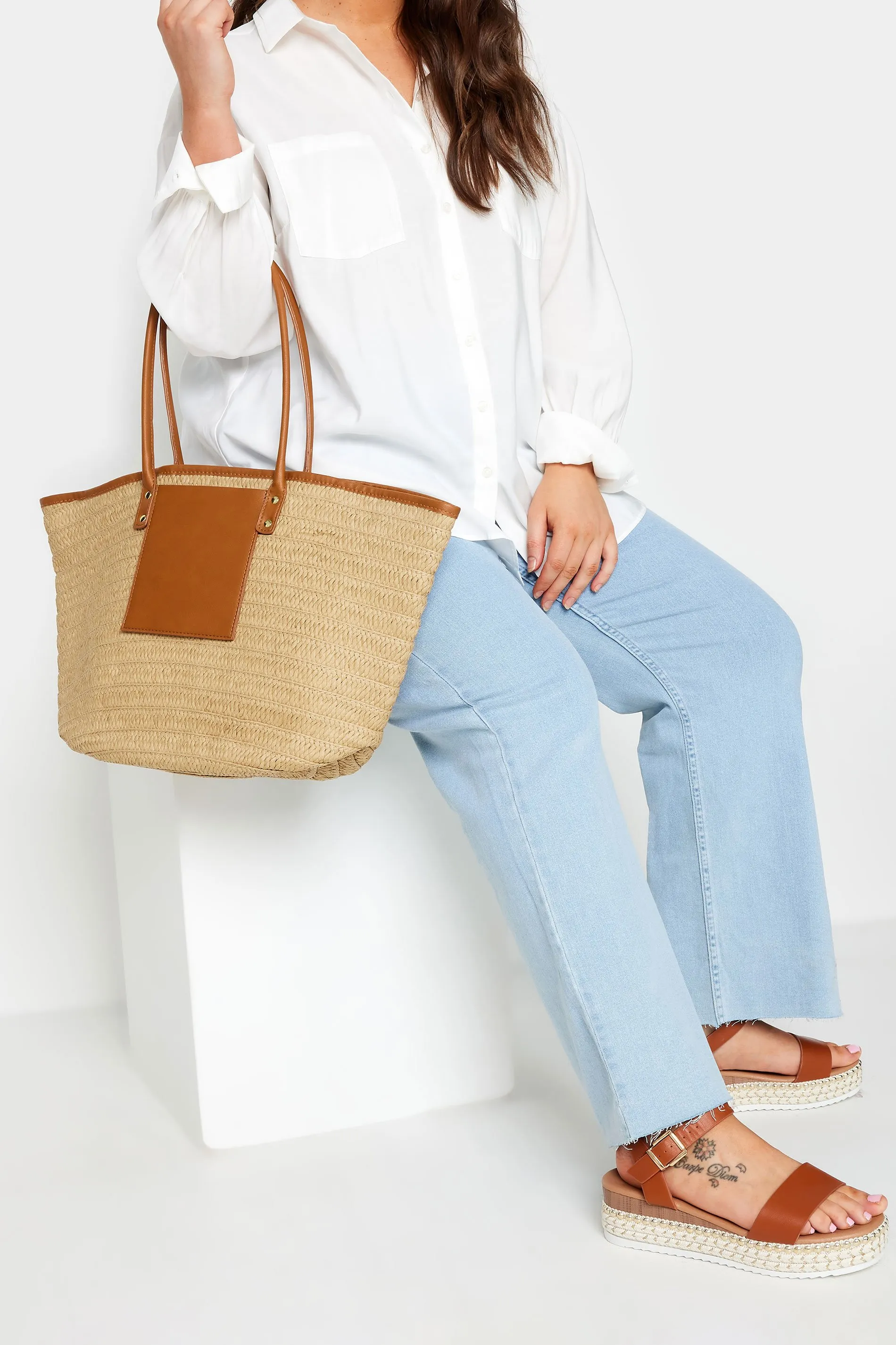 Tan Brown Straw Beach Bag