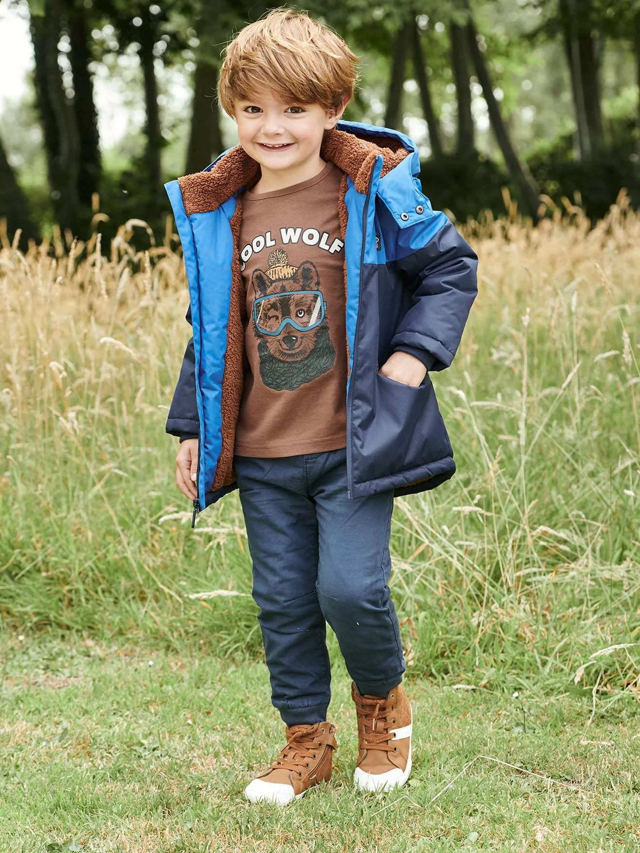 Technical Parka with Hood for Boys - brown medium solid with design