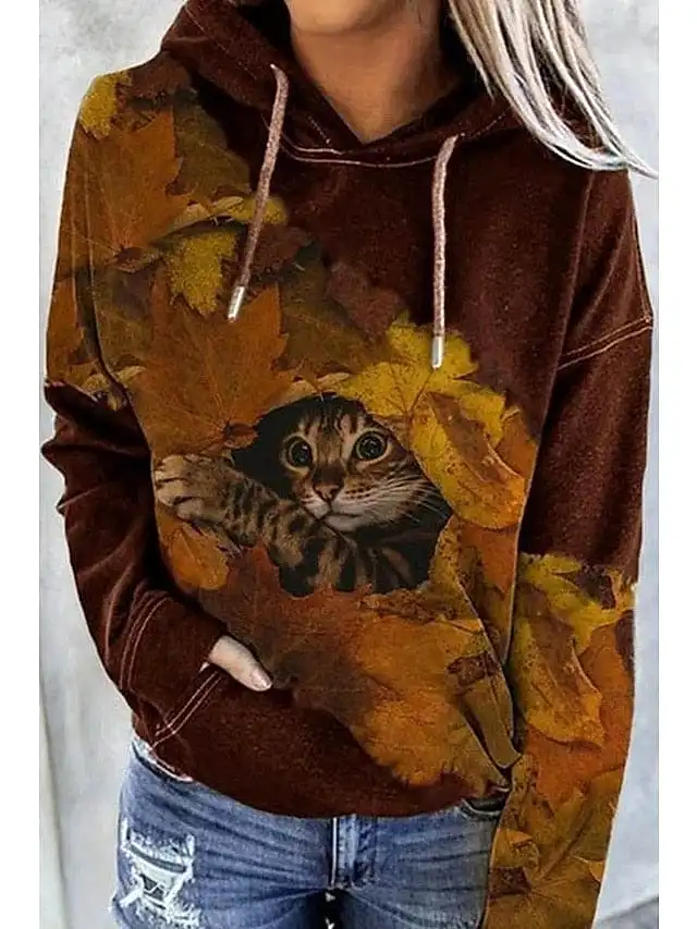 Trendy Tie Dye Cat Graphic Hoodie with Front Pocket for Women