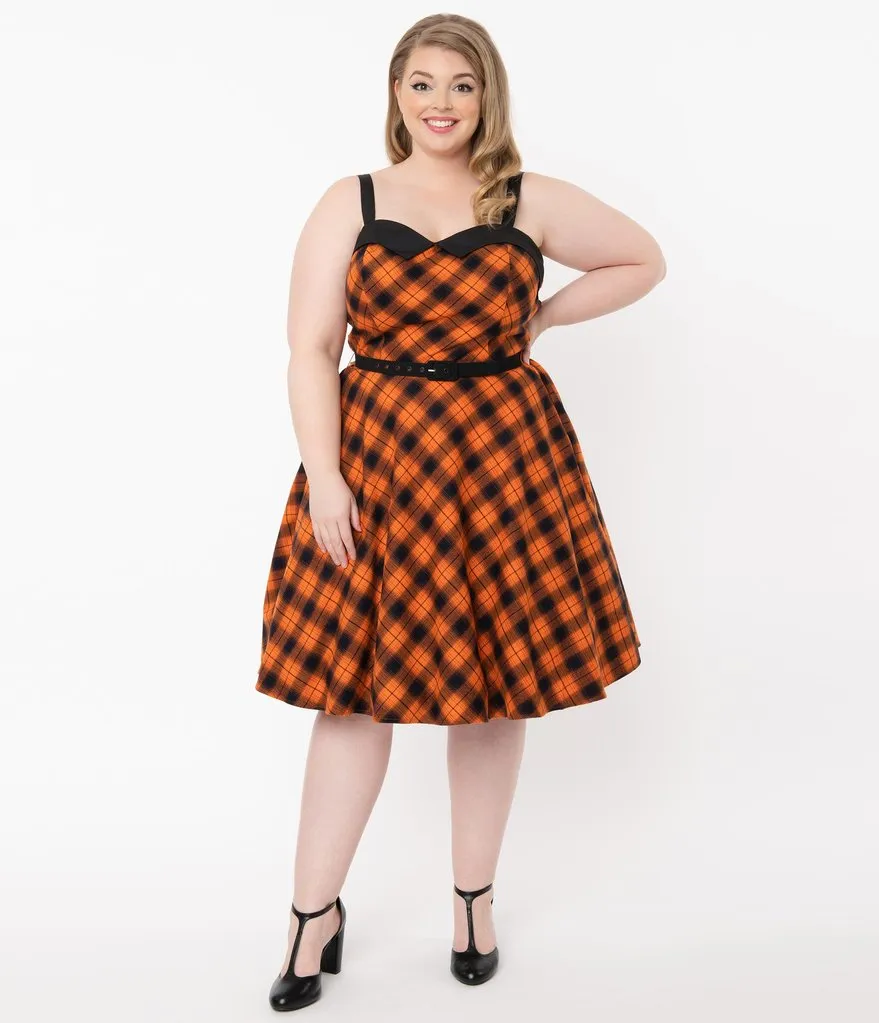 Unique Vintage Orange & Dark Navy Plaid Rachel Swing Dress (M, L and XL ONLY)