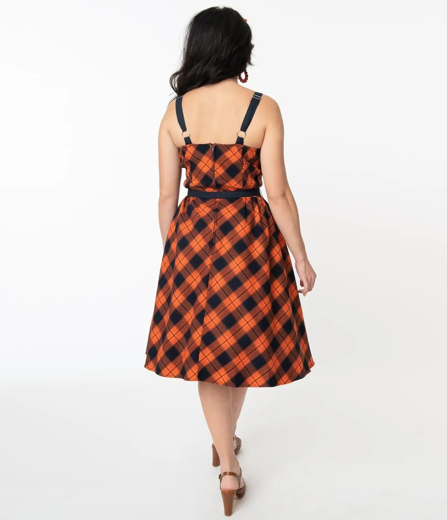 Unique Vintage Orange & Dark Navy Plaid Rachel Swing Dress (M, L and XL ONLY)