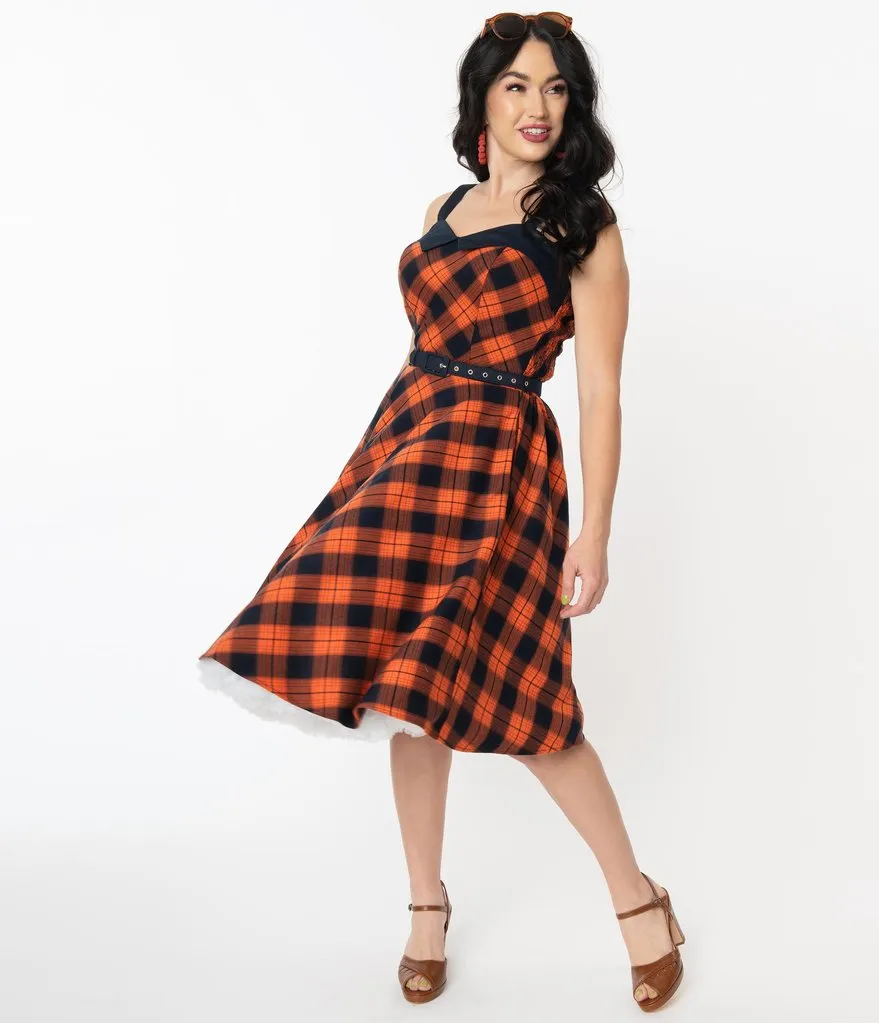 Unique Vintage Orange & Dark Navy Plaid Rachel Swing Dress (M, L and XL ONLY)