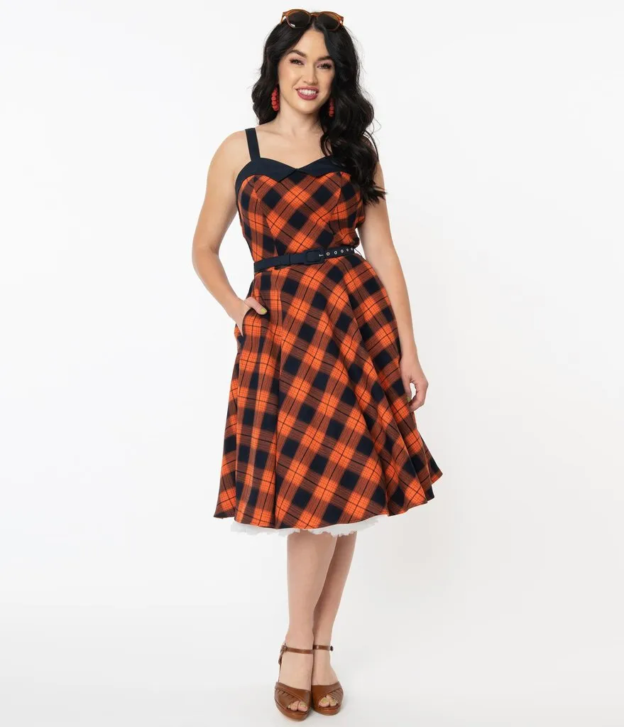 Unique Vintage Orange & Dark Navy Plaid Rachel Swing Dress (M, L and XL ONLY)