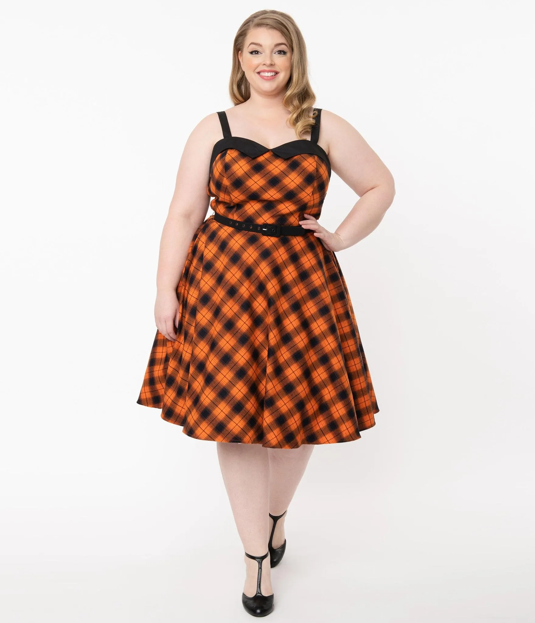 Unique Vintage Orange & Dark Navy Plaid Rachel Swing Dress (M, L and XL ONLY)