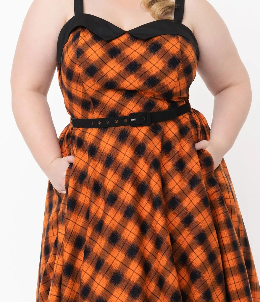 Unique Vintage Orange & Dark Navy Plaid Rachel Swing Dress (M, L and XL ONLY)