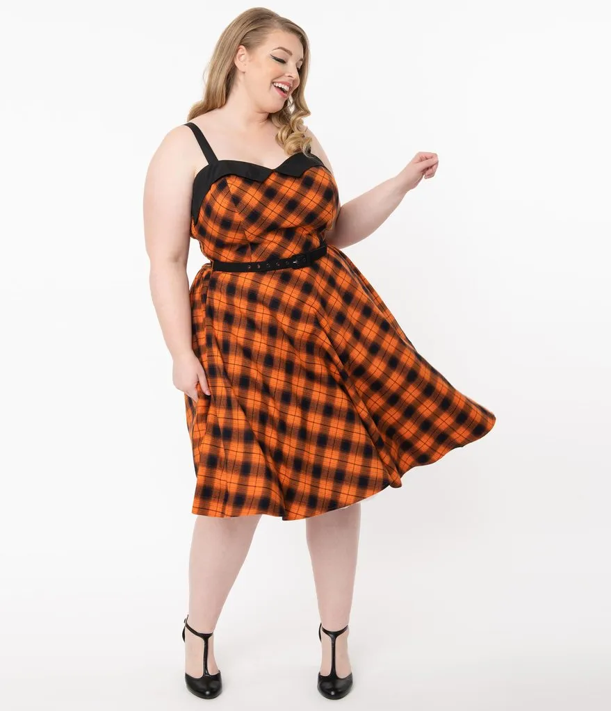 Unique Vintage Orange & Dark Navy Plaid Rachel Swing Dress (M, L and XL ONLY)