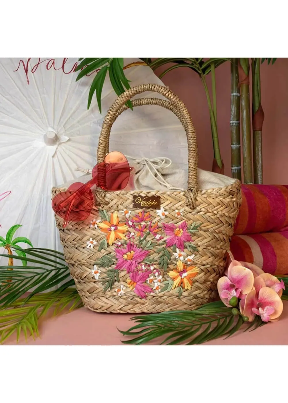 Vendula London Paradise Palms Small Floral Basket Bag Brown