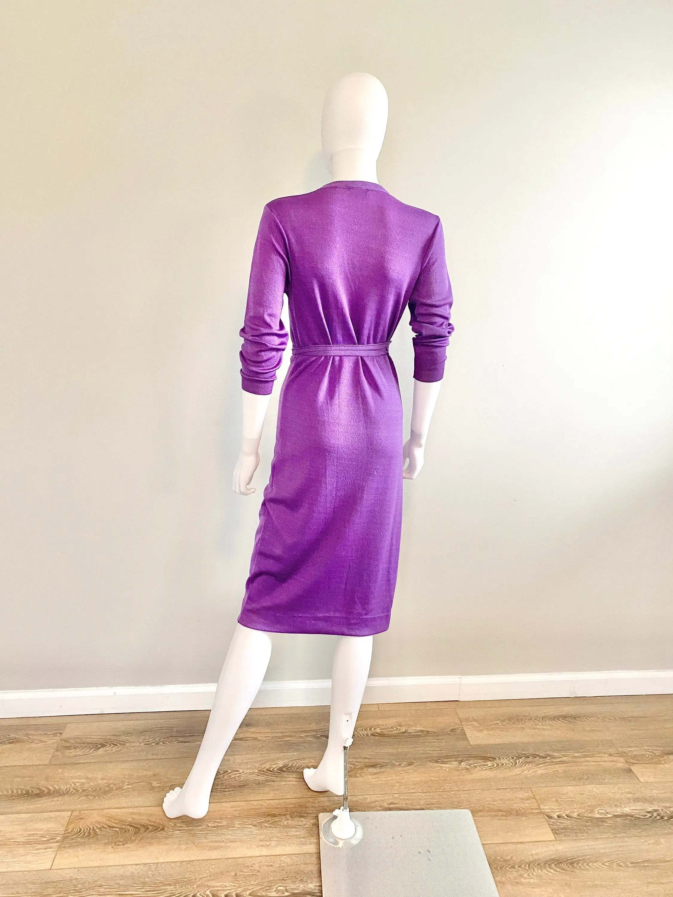 Vintage 1970s Purple Lurex Sweater Dress / 70s retro long sleeve disco dress / Size S M