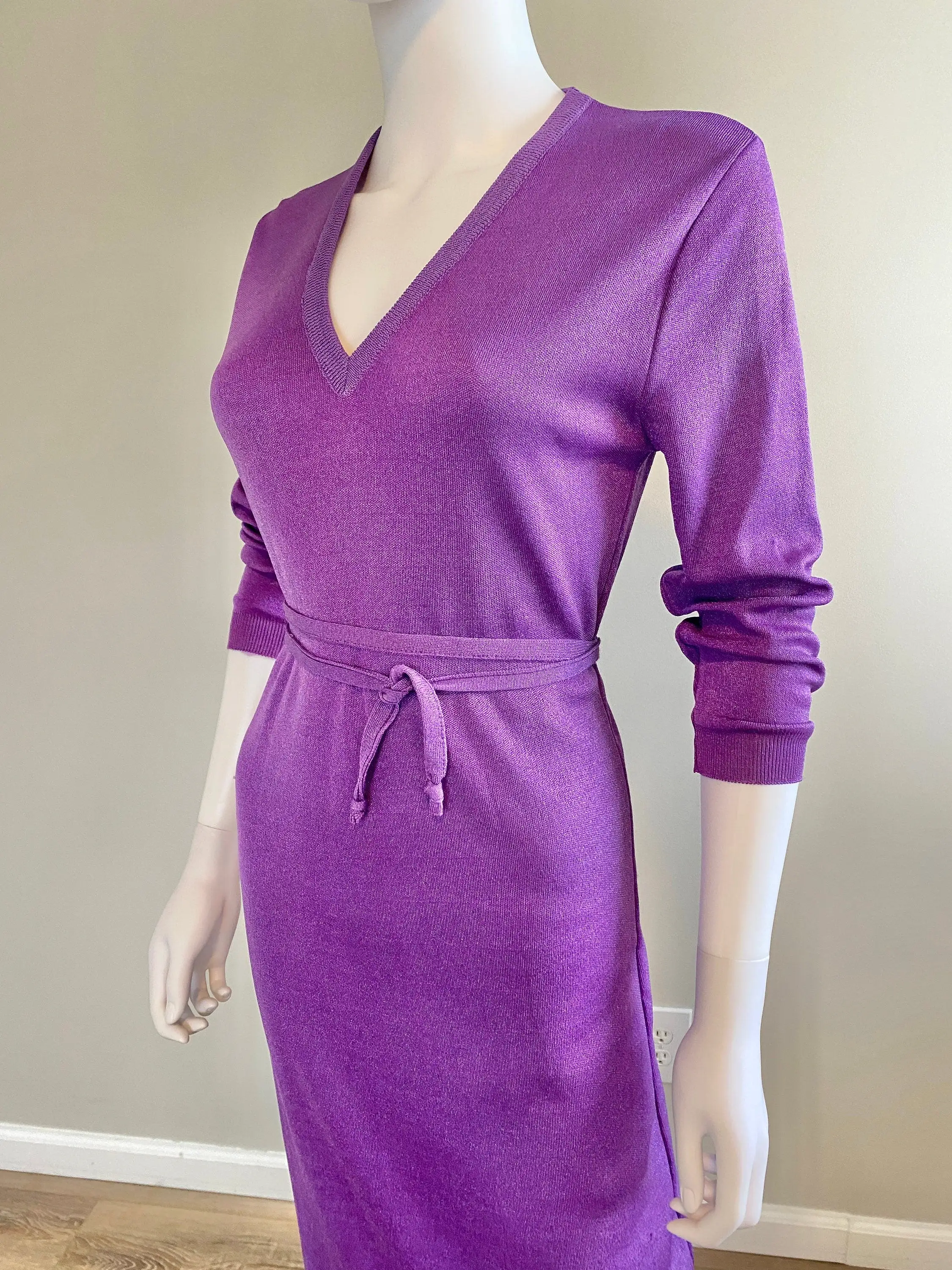 Vintage 1970s Purple Lurex Sweater Dress / 70s retro long sleeve disco dress / Size S M