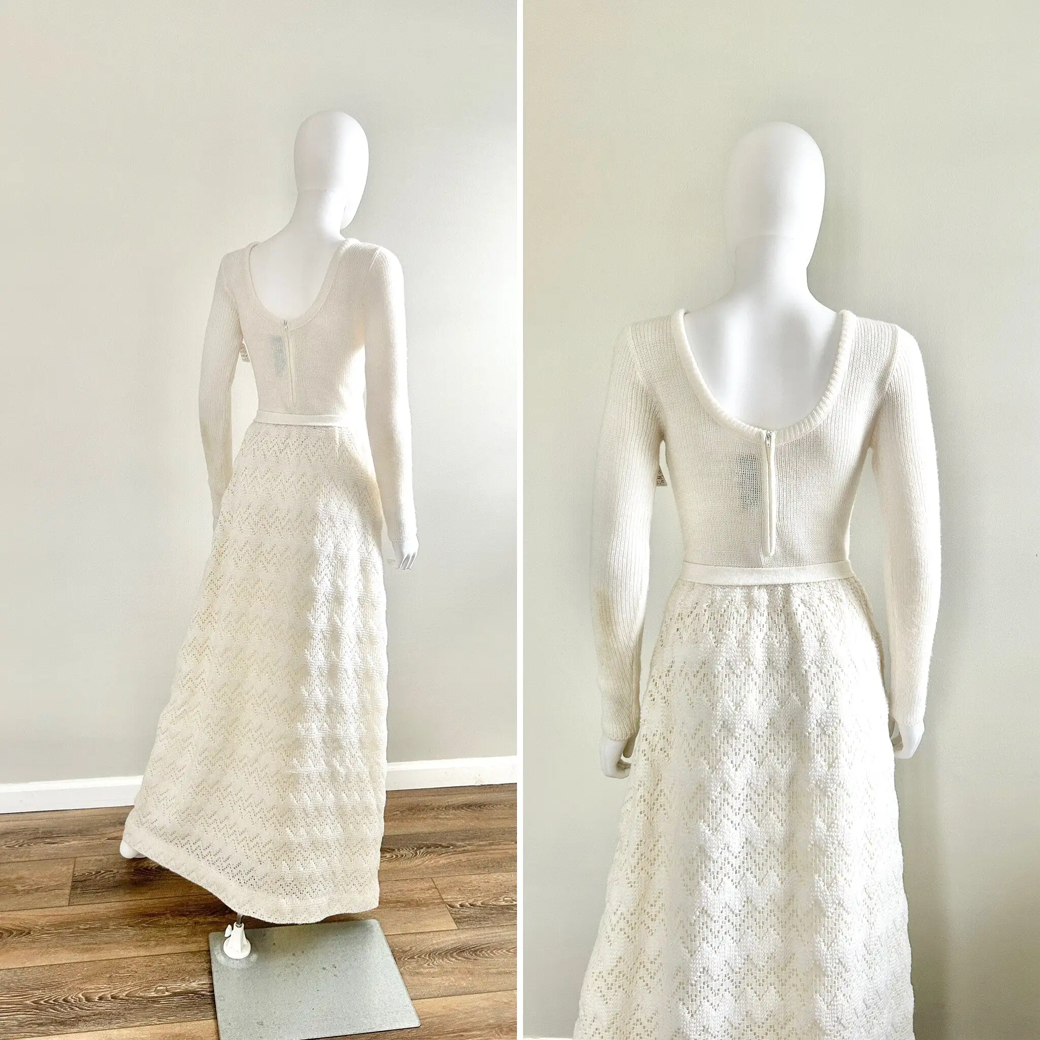 Vintage 1970s White Sweater Maxi Dress / 70s Molly Parnis dress / Size S M