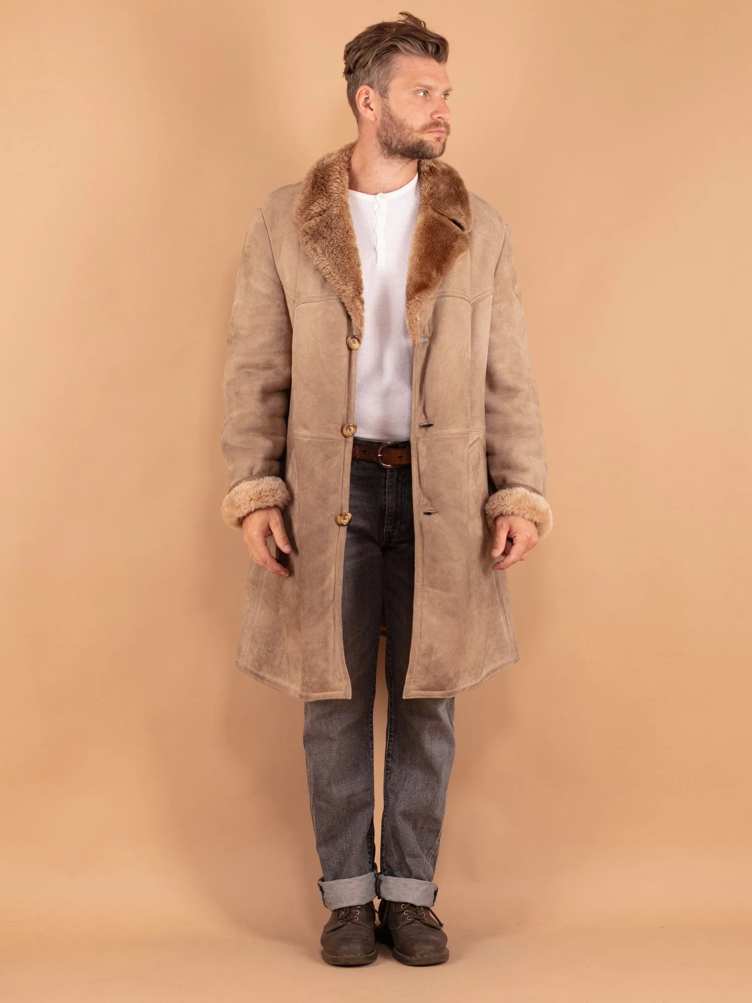 Vintage 70's Men Sheepskin Coat in Beige