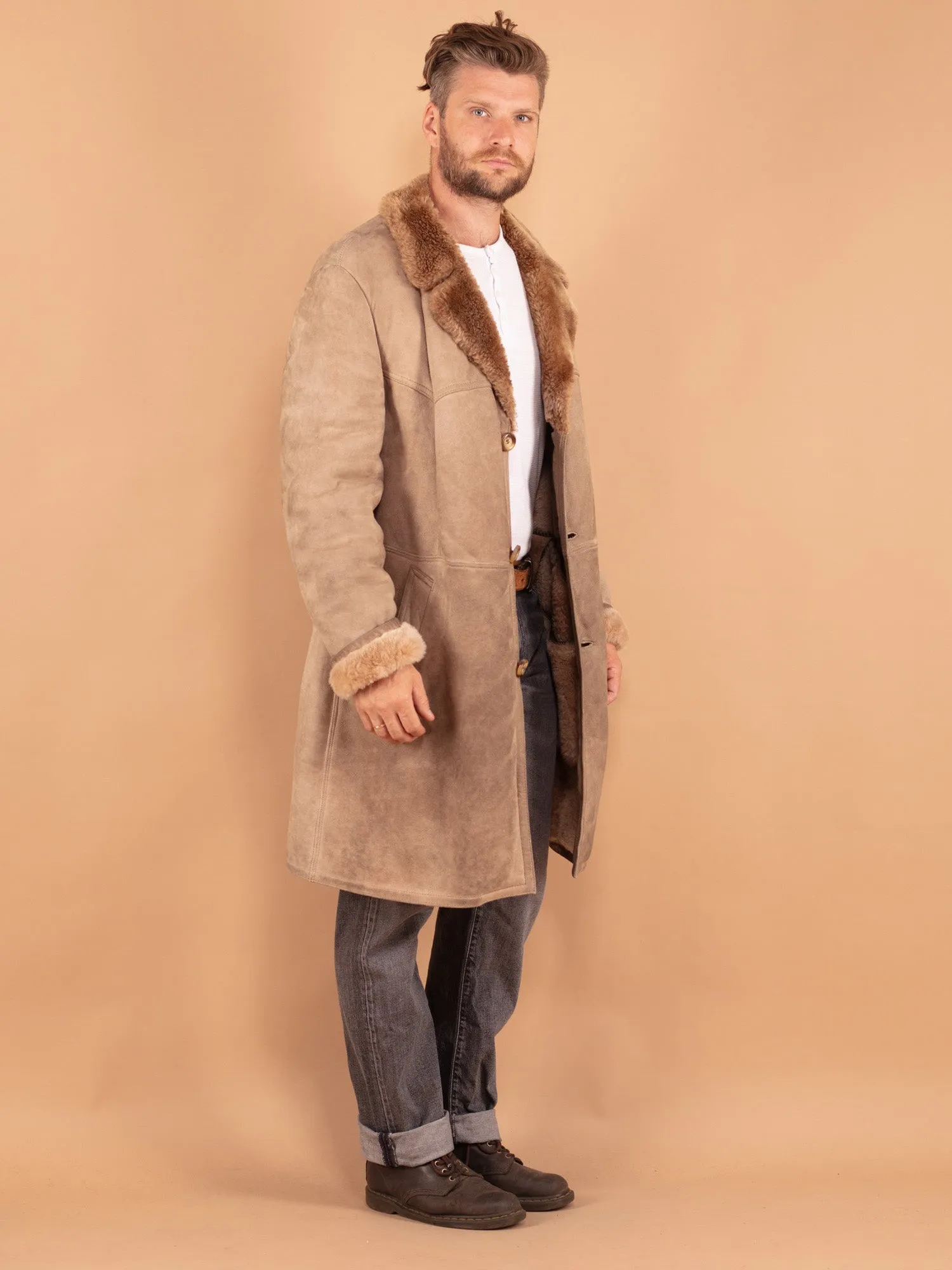 Vintage 70's Men Sheepskin Coat in Beige