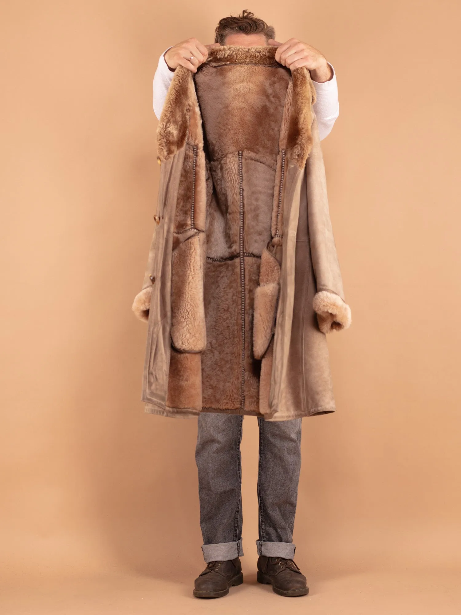 Vintage 70's Men Sheepskin Coat in Beige