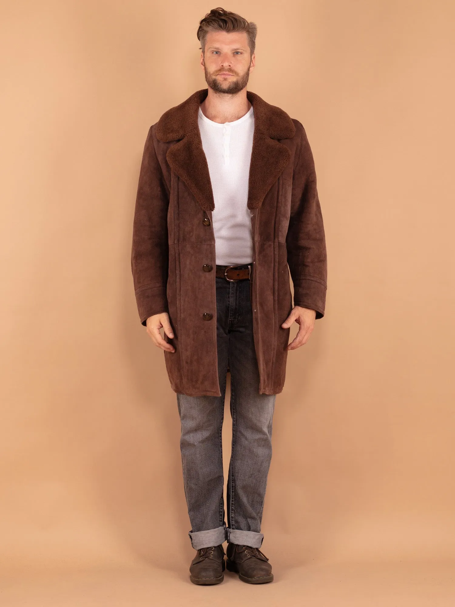 Vintage 70's Men Sheepskin Shearling Coat in Brown