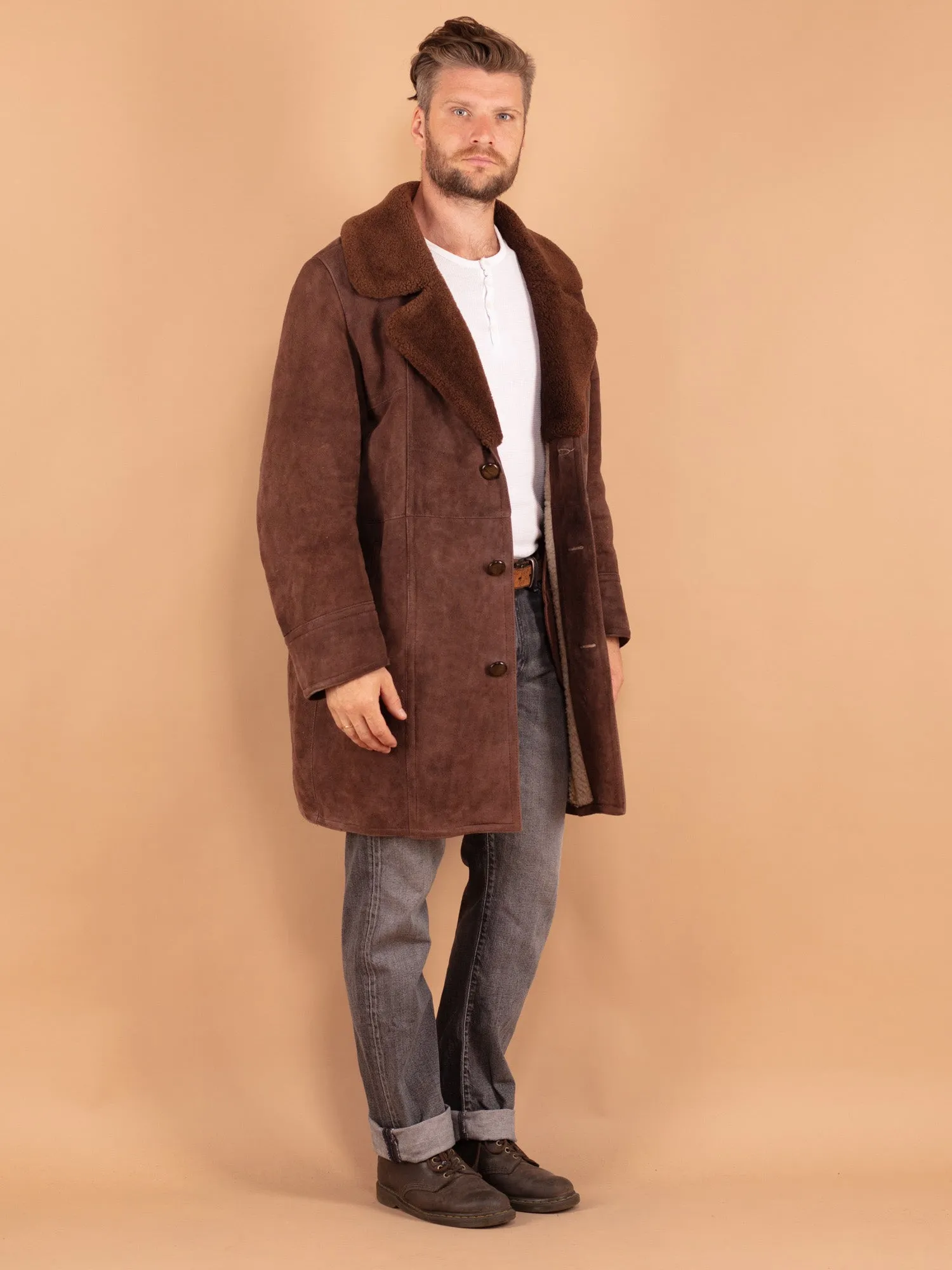 Vintage 70's Men Sheepskin Shearling Coat in Brown