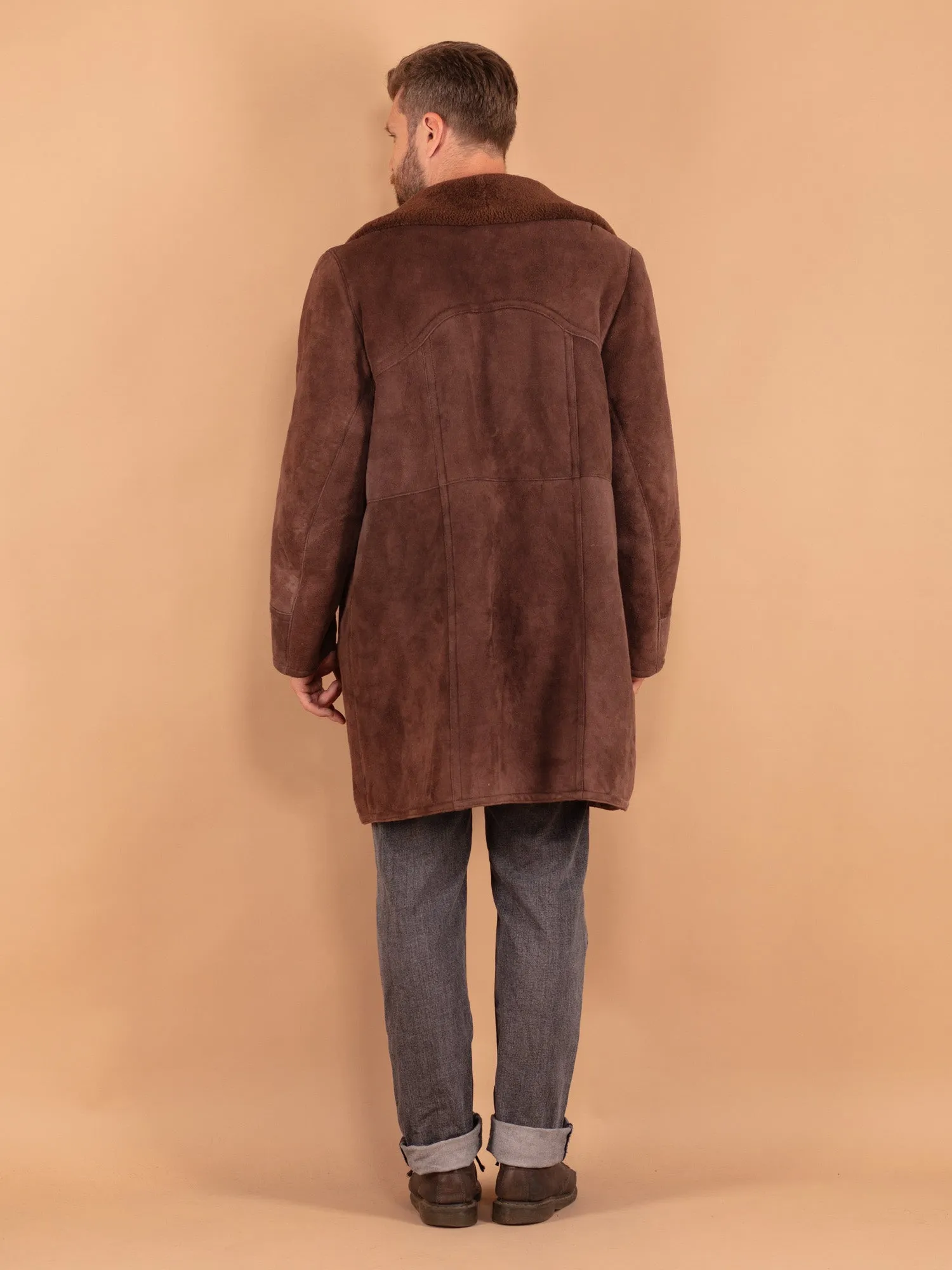 Vintage 70's Men Sheepskin Shearling Coat in Brown