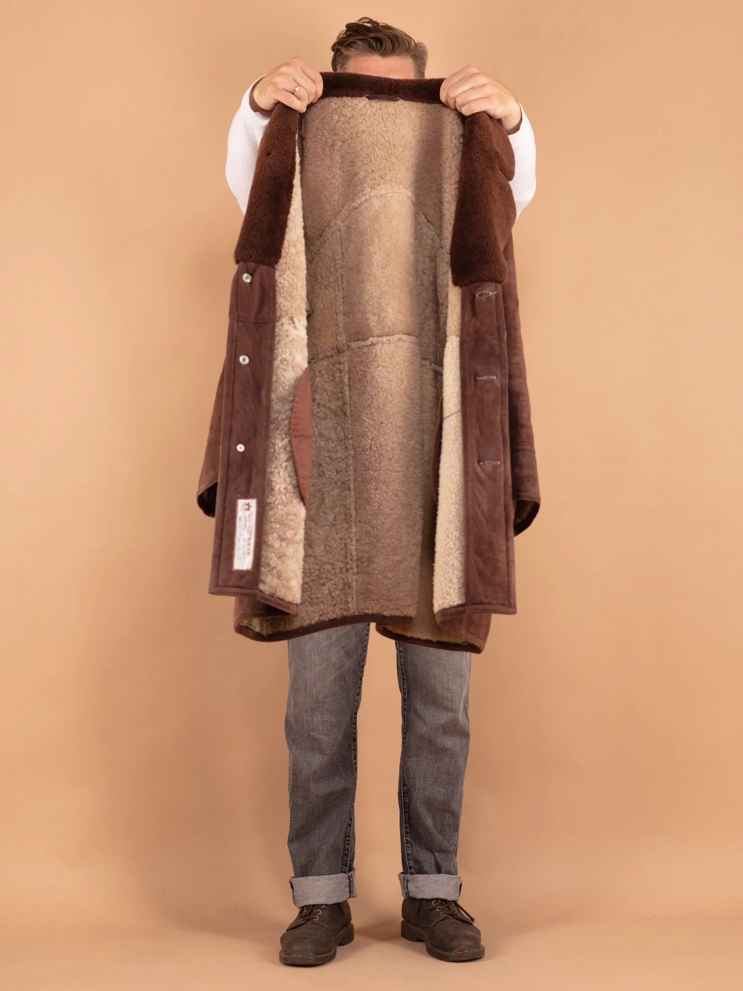 Vintage 70's Men Sheepskin Shearling Coat in Brown