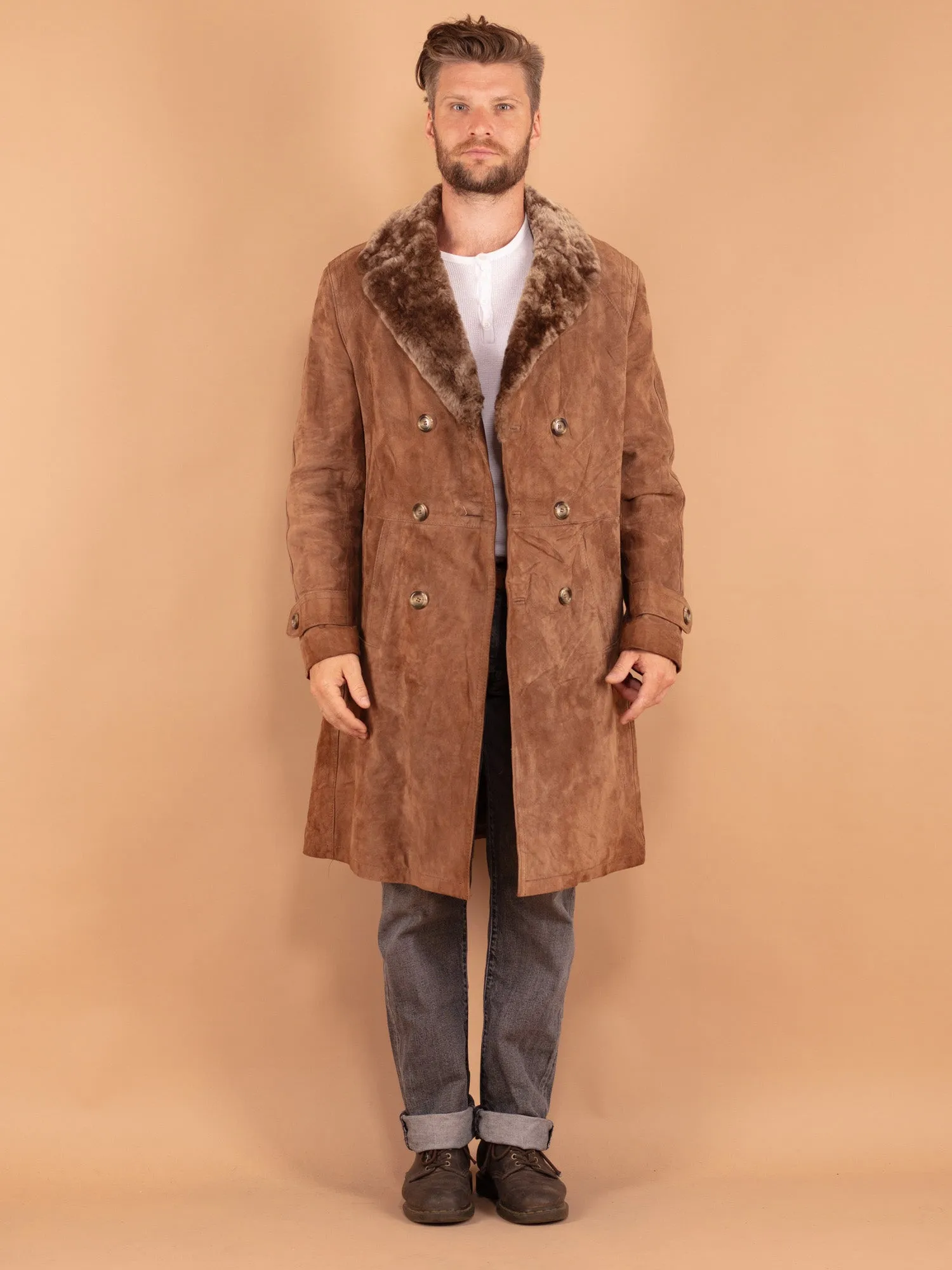 Vintage 70's Men Suede Sherpa Coat in Beige