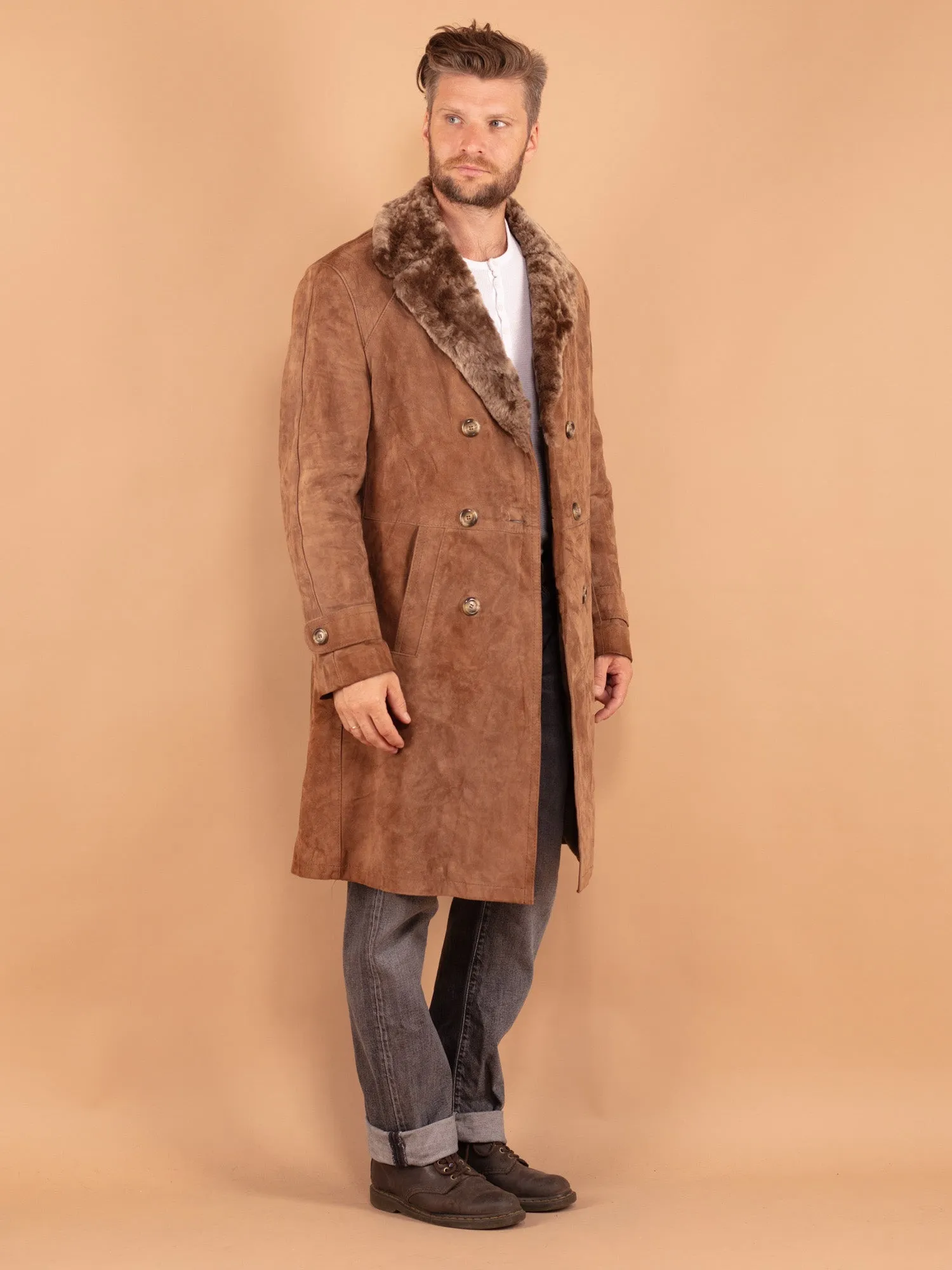 Vintage 70's Men Suede Sherpa Coat in Beige