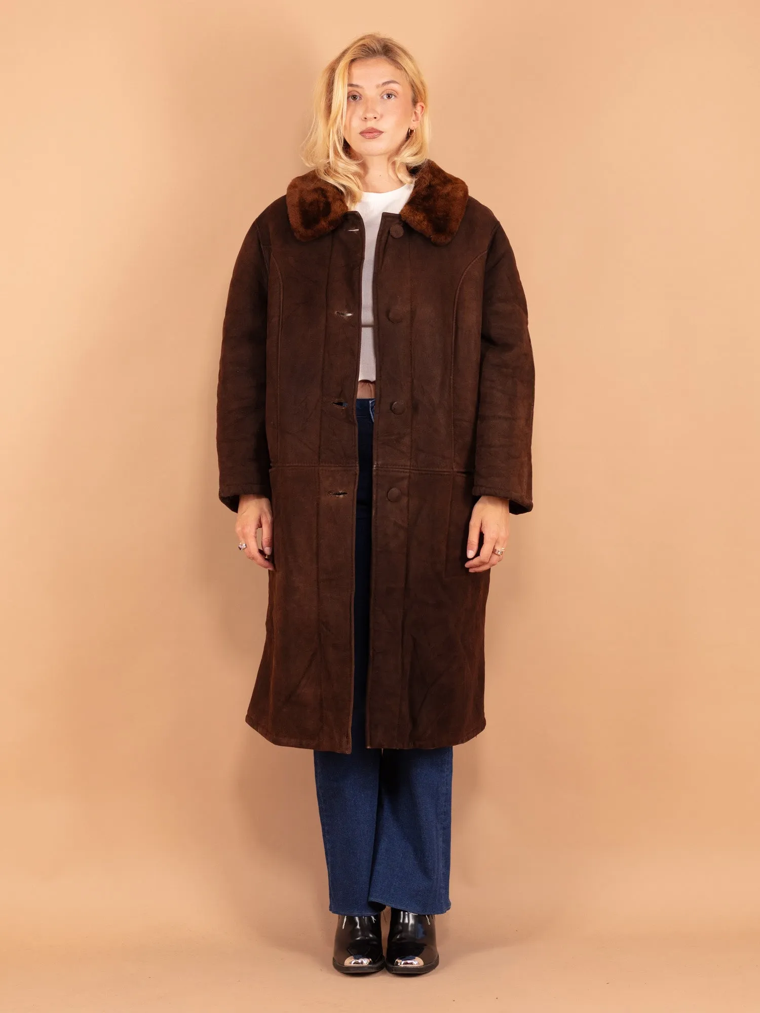 Vintage 70's Women Sheepskin Long Coat in Brown