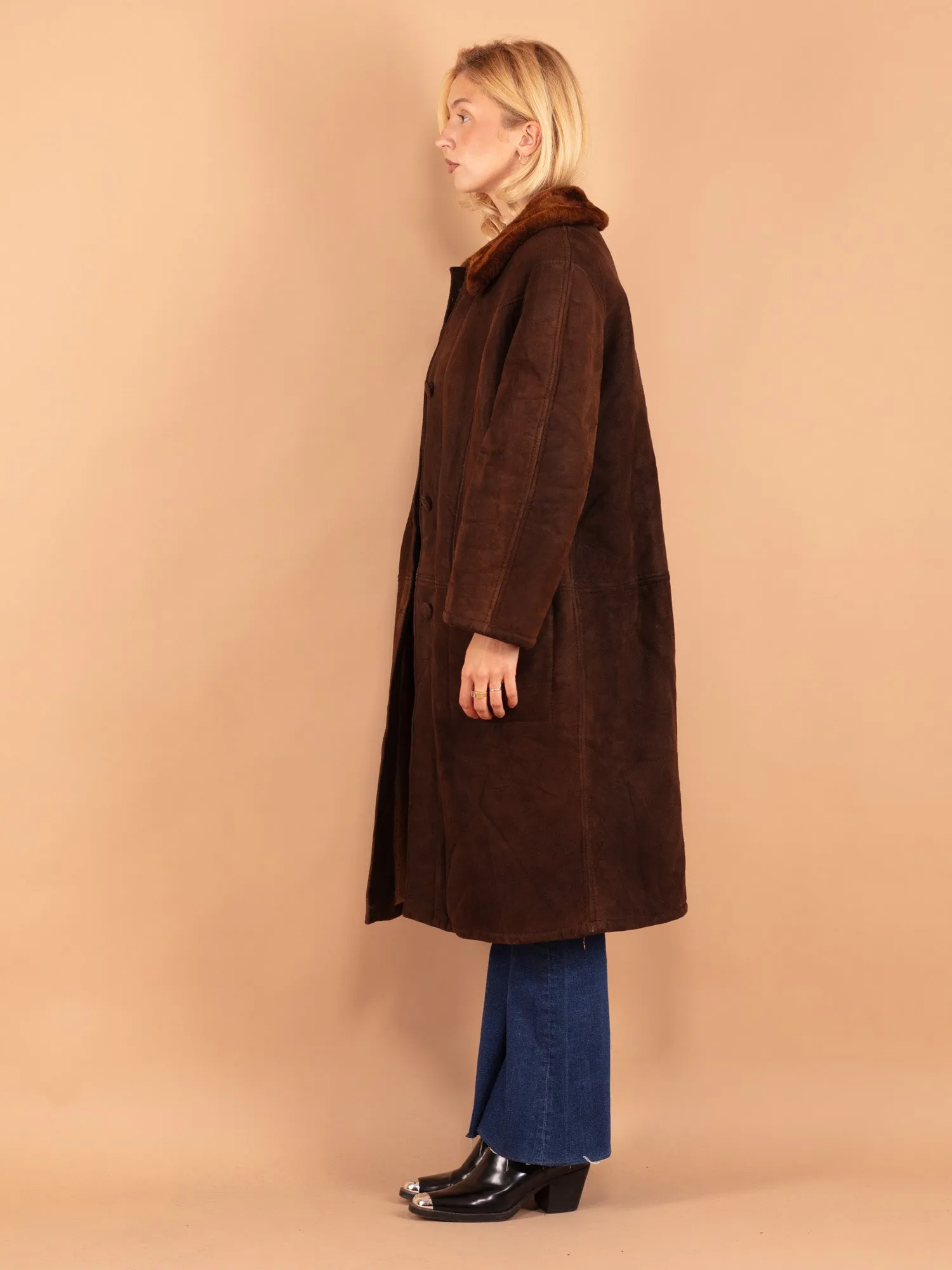 Vintage 70's Women Sheepskin Long Coat in Brown