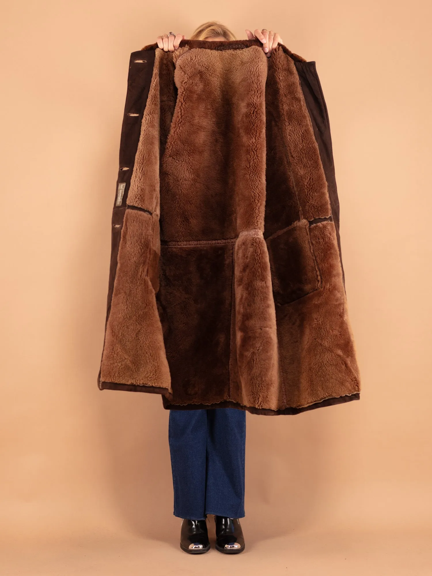 Vintage 70's Women Sheepskin Long Coat in Brown