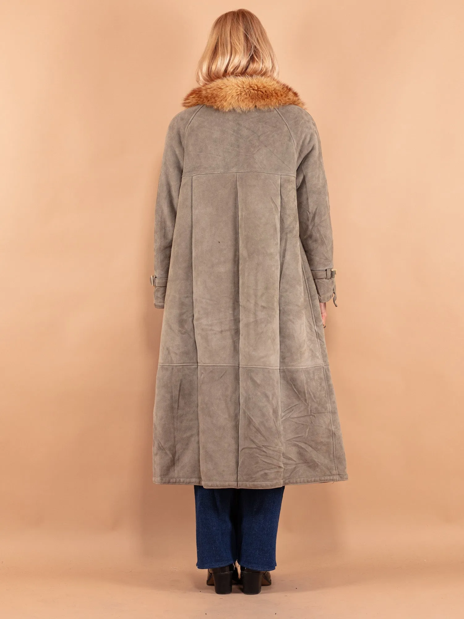 Vintage 70's Women Sheepskin Long Coat in Sage Green