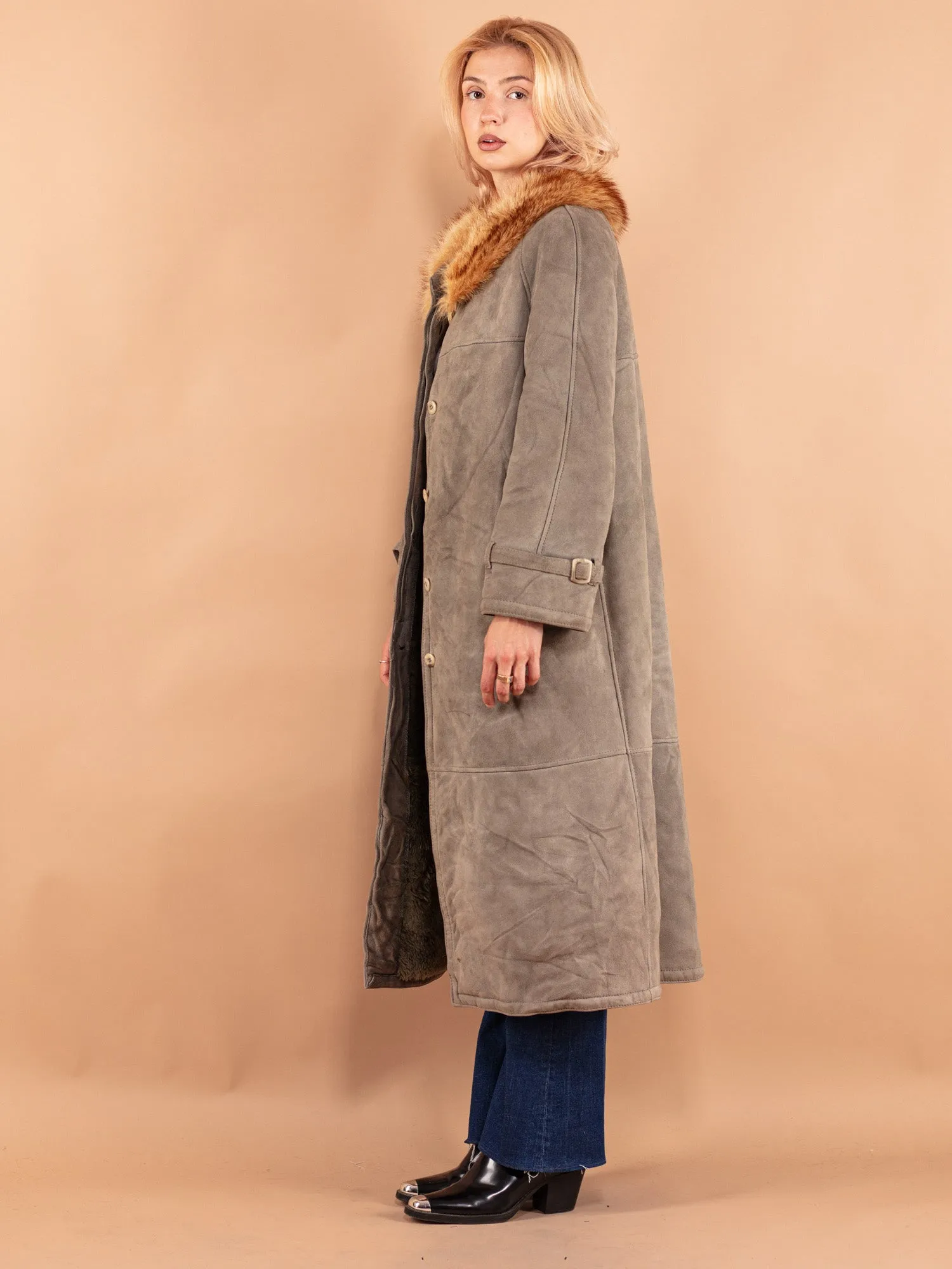 Vintage 70's Women Sheepskin Long Coat in Sage Green