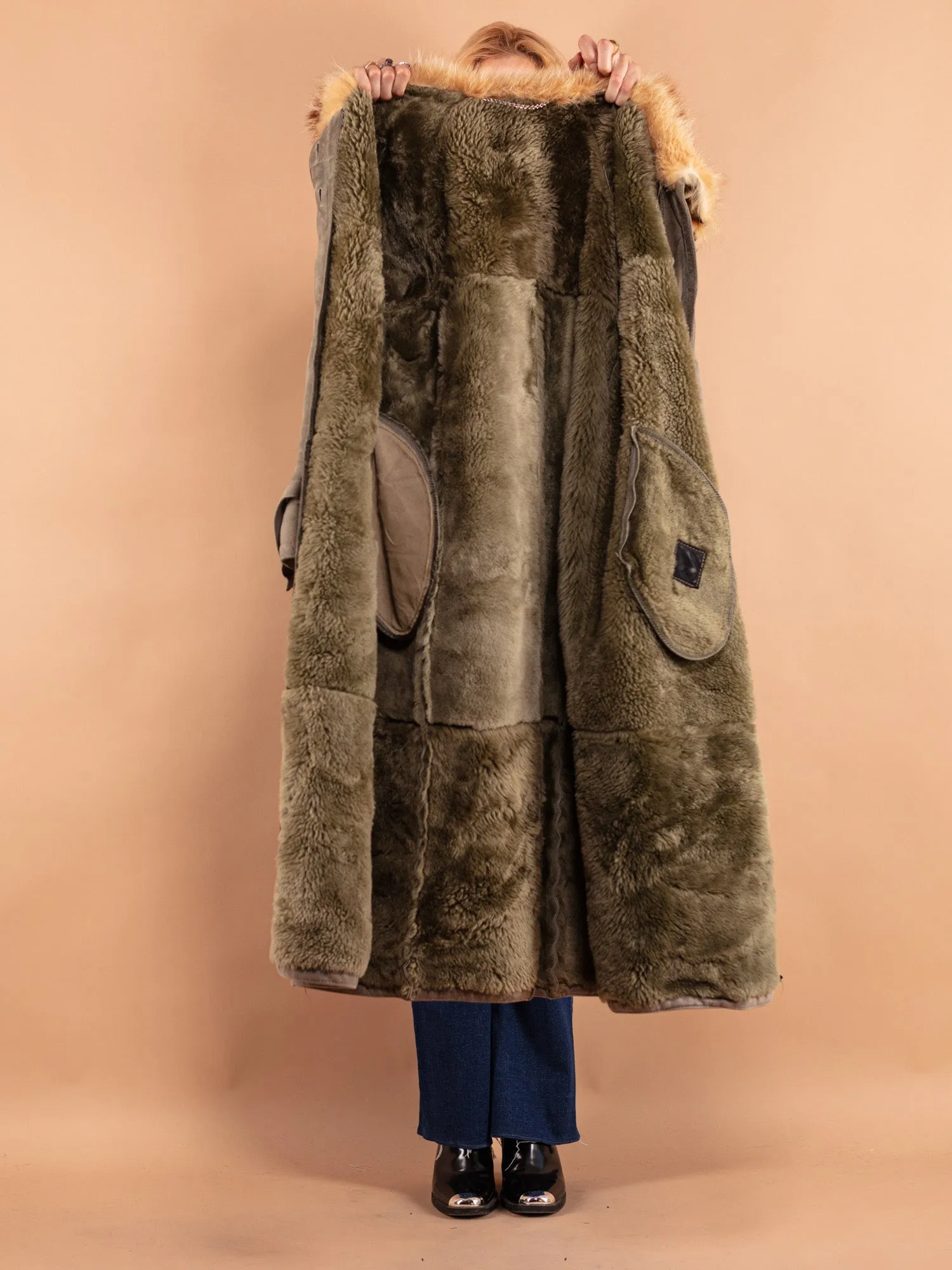 Vintage 70's Women Sheepskin Long Coat in Sage Green