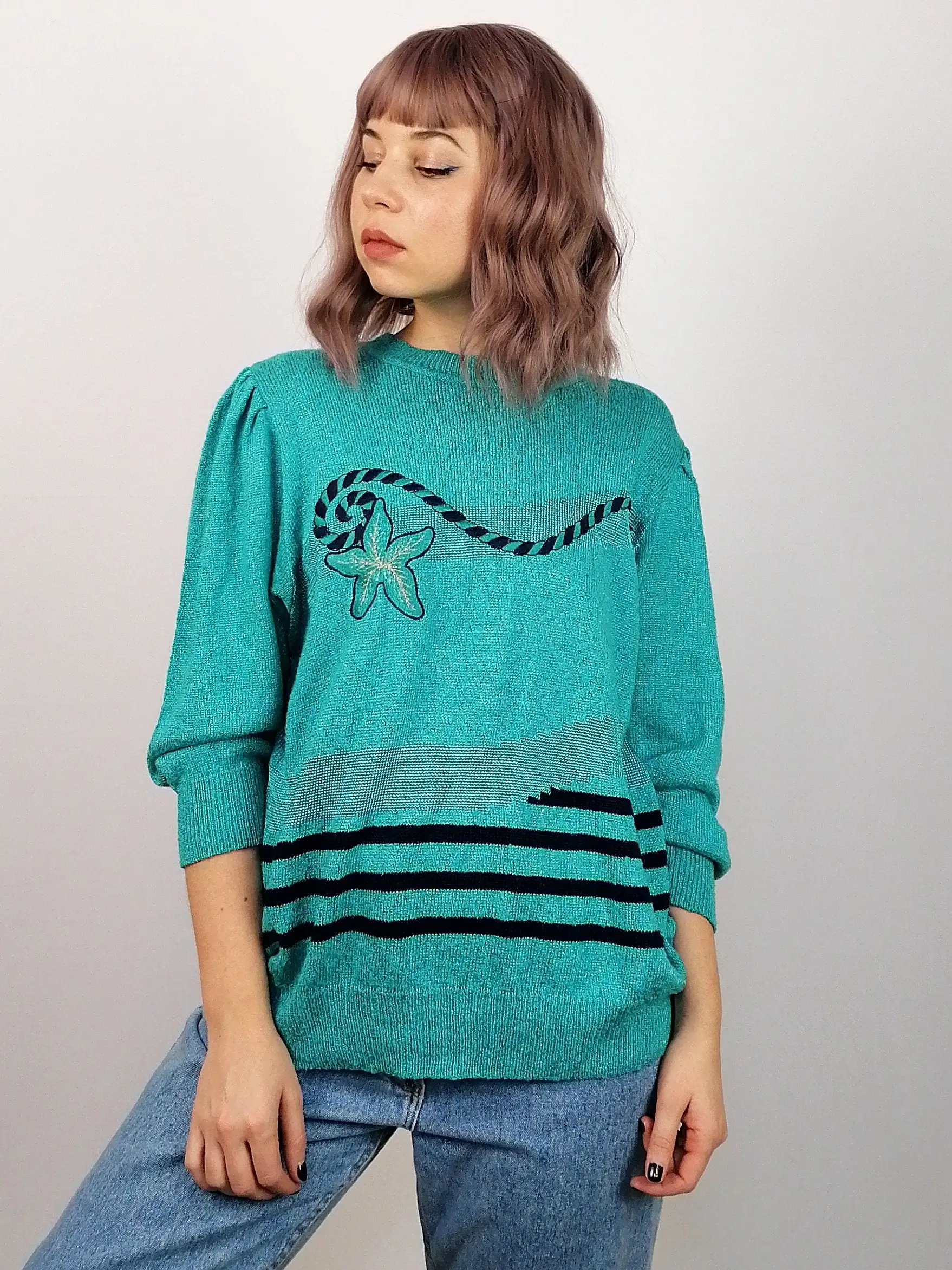 Vintage 80's Embroidery Knit Turquoise Retro Sweater