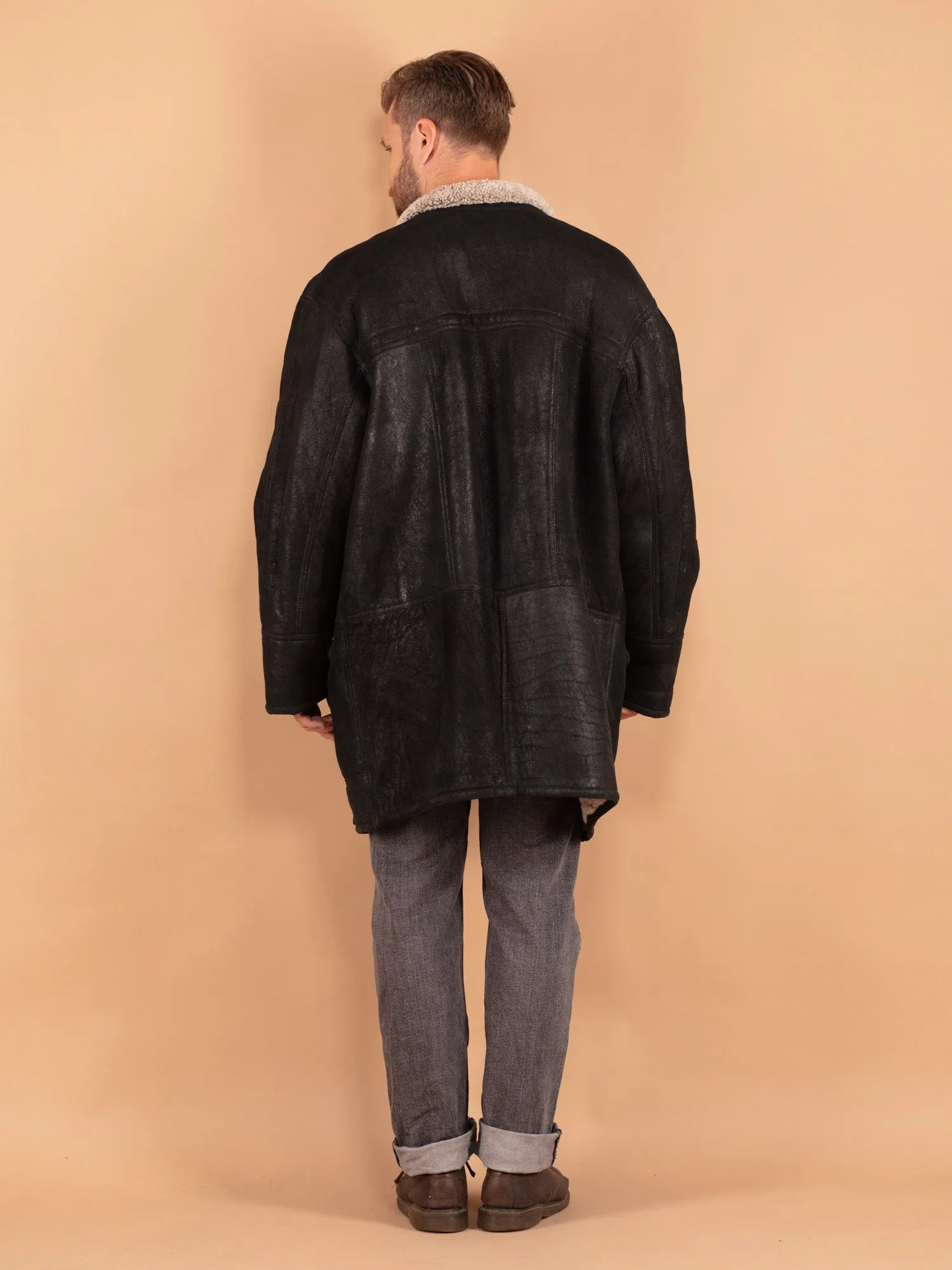 Vintage 80's Men Sheepskin Coat in Black