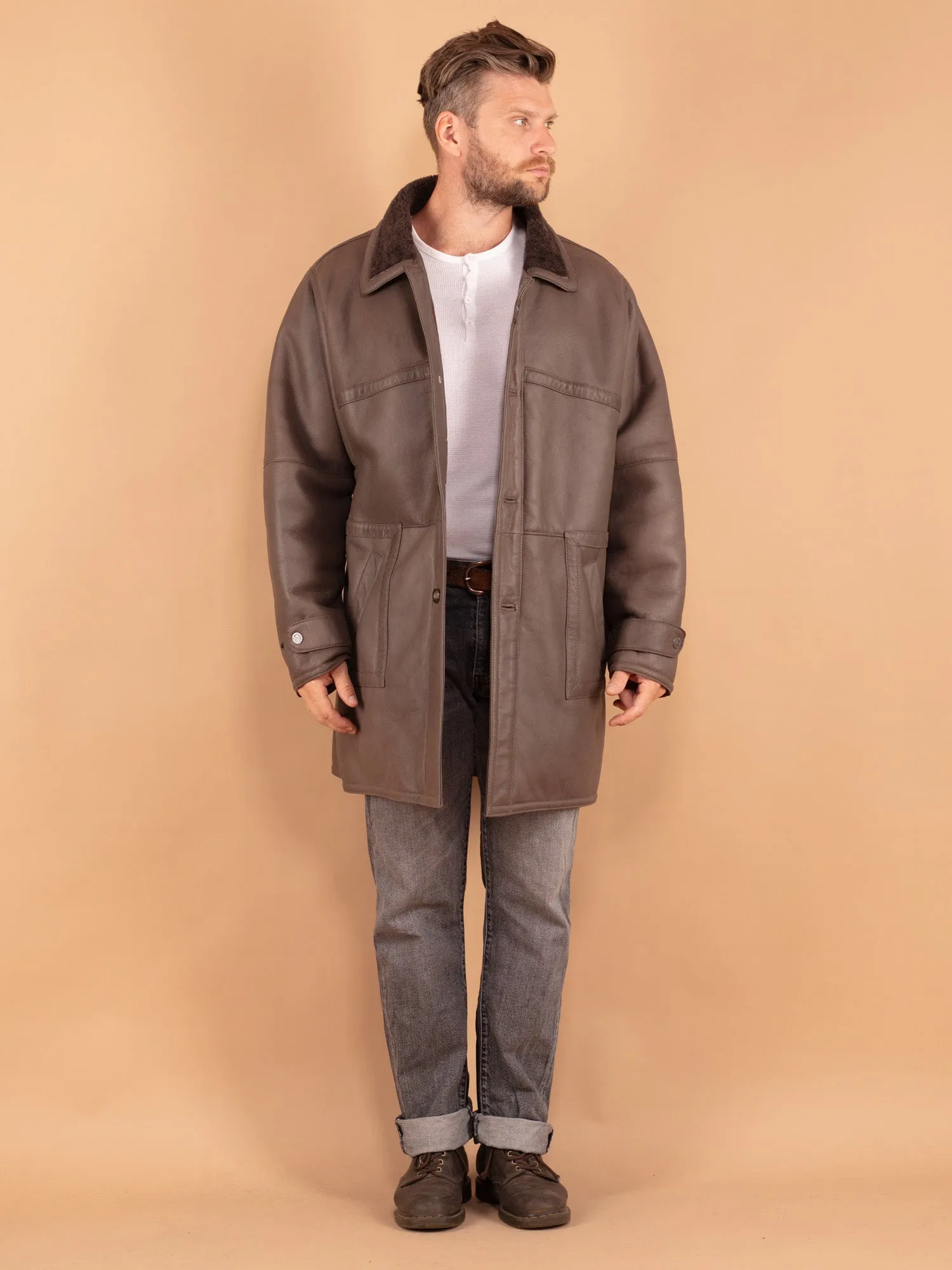 Vintage 80's Men Sheepskin Coat in Brown