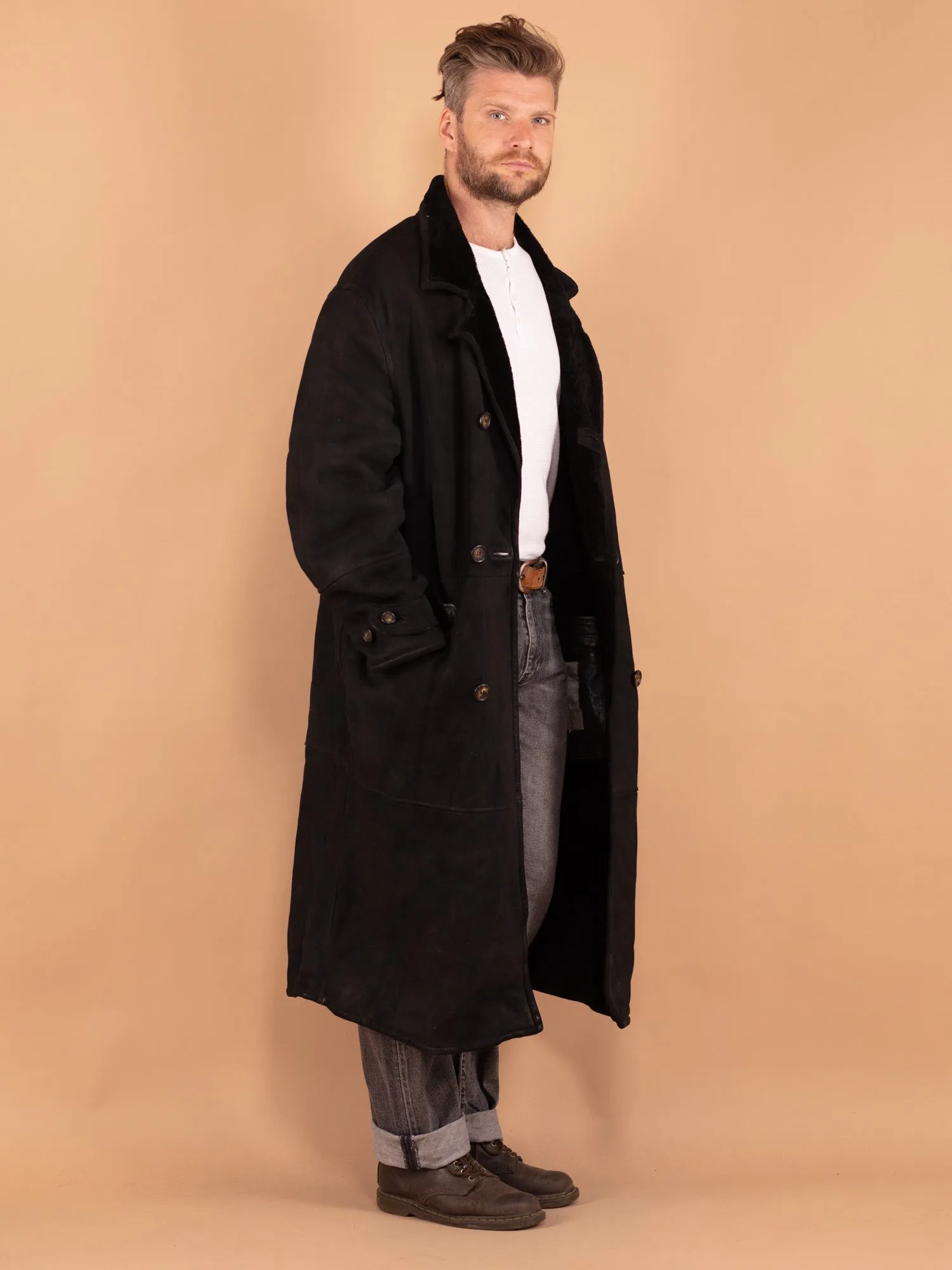 Vintage 80's Men Sheepskin Long Coat in Black