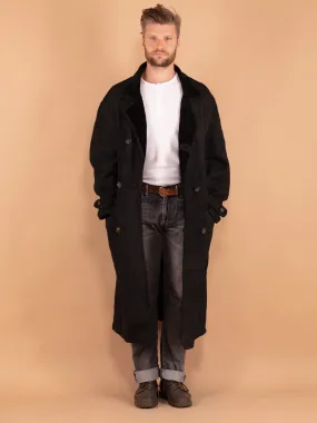 Vintage 80's Men Sheepskin Long Coat in Black