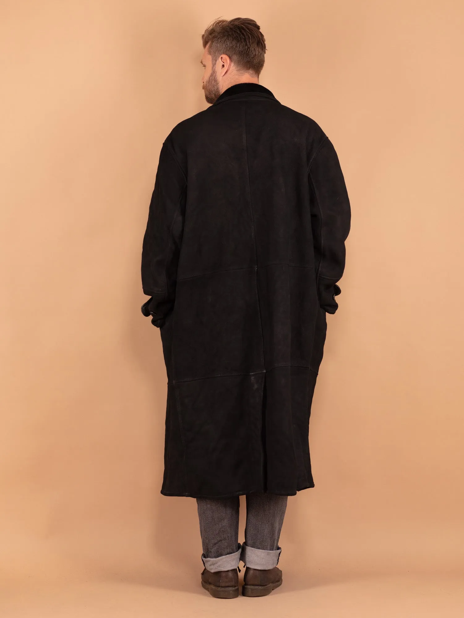 Vintage 80's Men Sheepskin Long Coat in Black