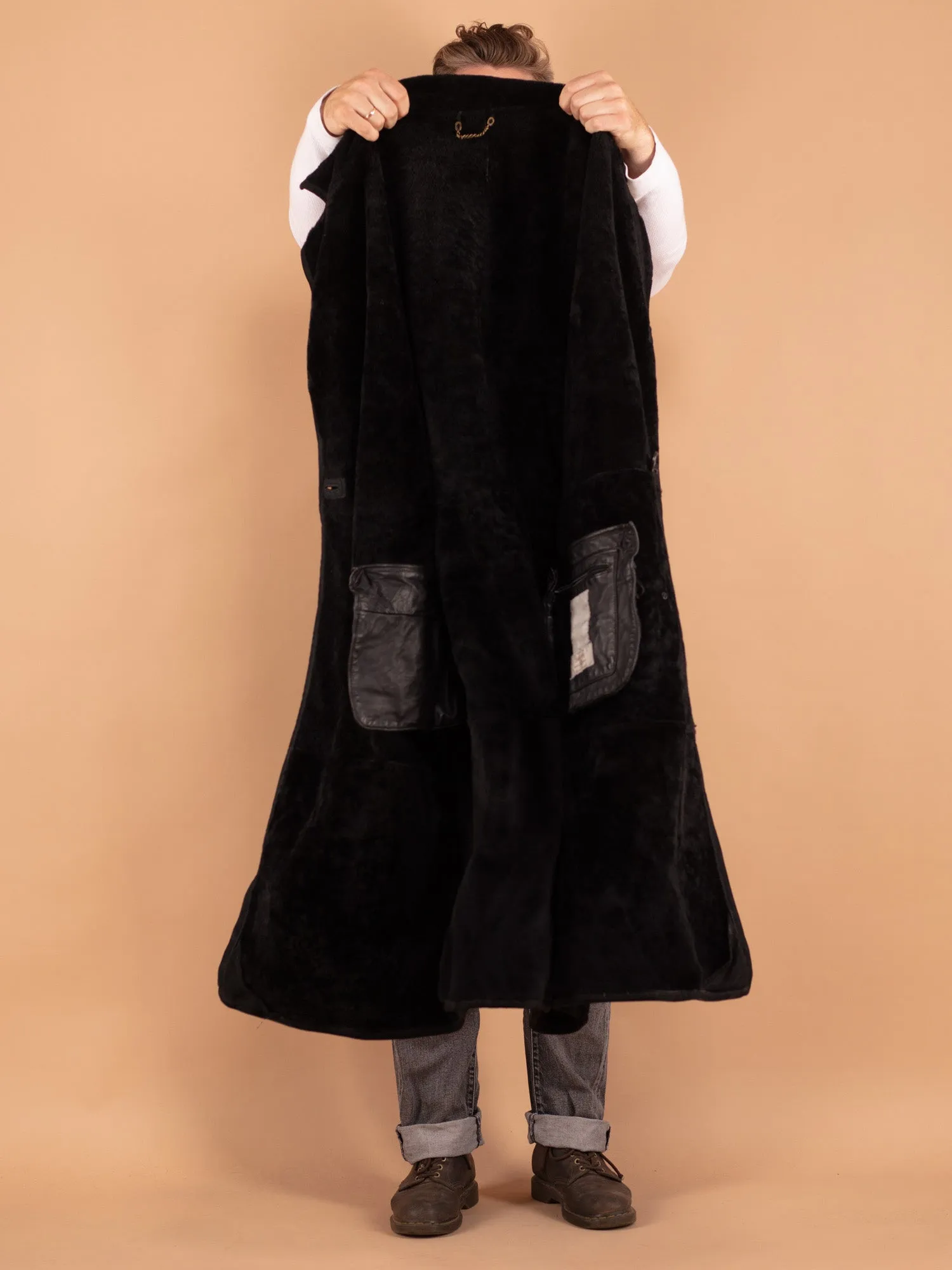 Vintage 80's Men Sheepskin Long Coat in Black