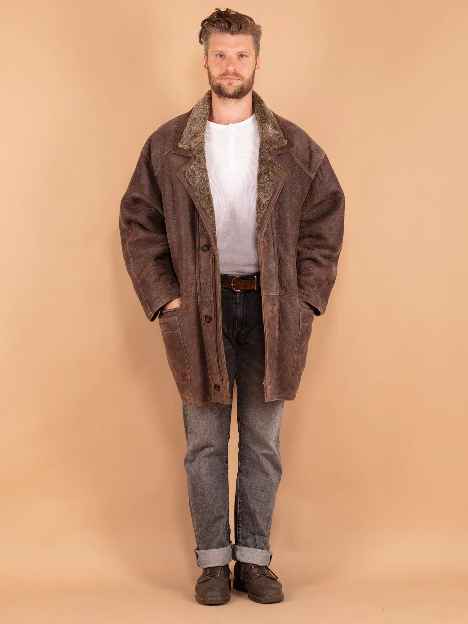 Vintage 80's Men Sheepskin Shearling Coat in Brown