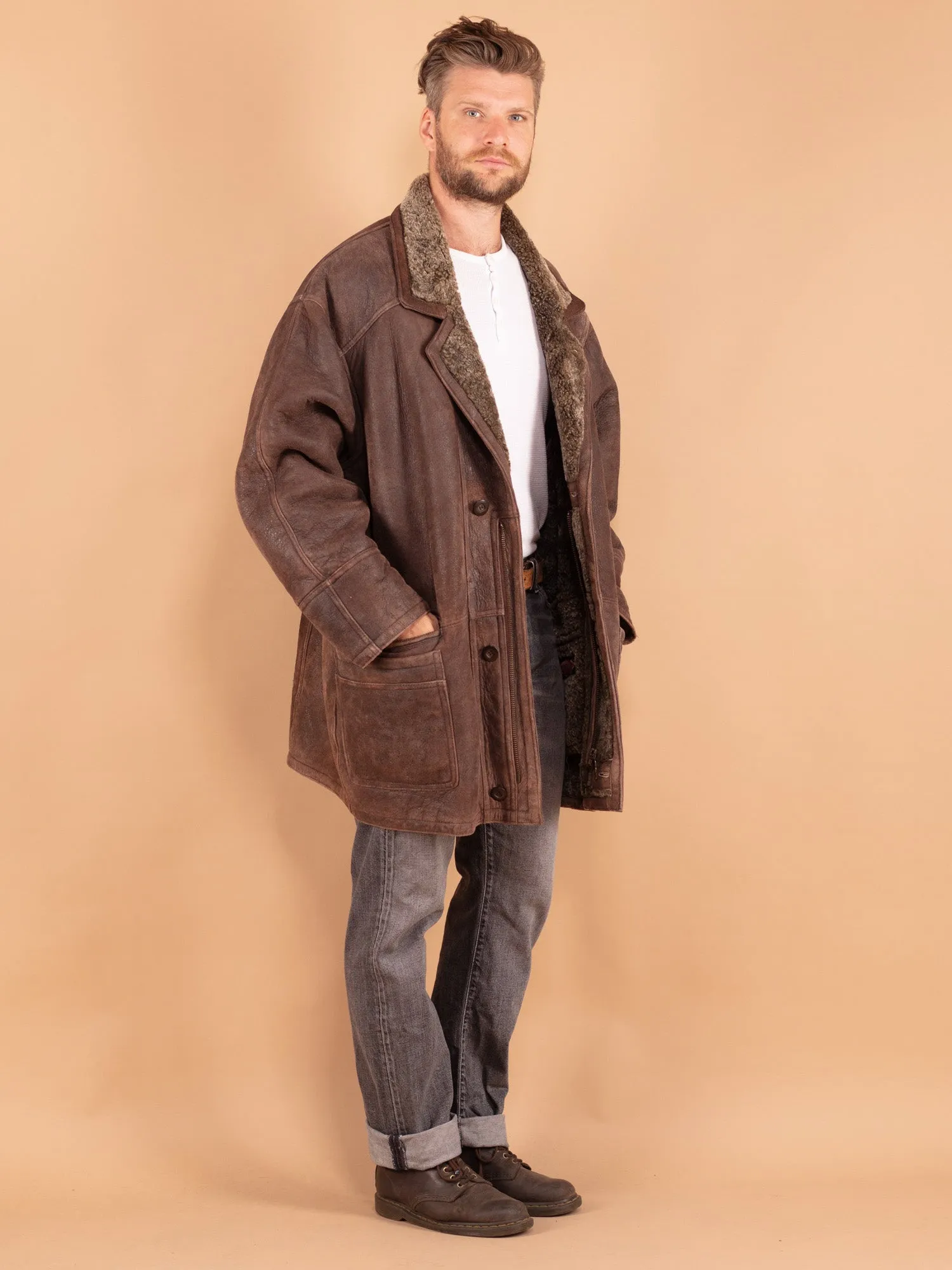 Vintage 80's Men Sheepskin Shearling Coat in Brown