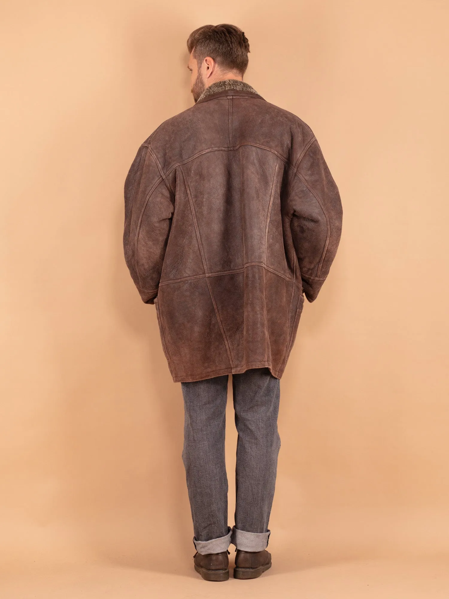 Vintage 80's Men Sheepskin Shearling Coat in Brown