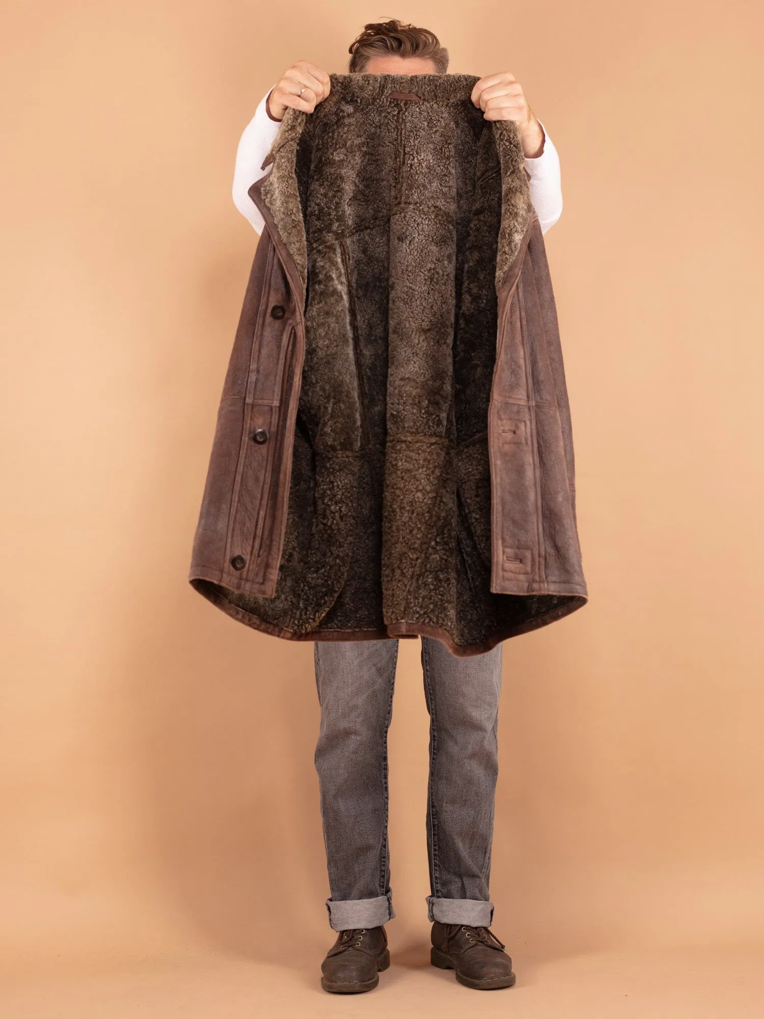 Vintage 80's Men Sheepskin Shearling Coat in Brown