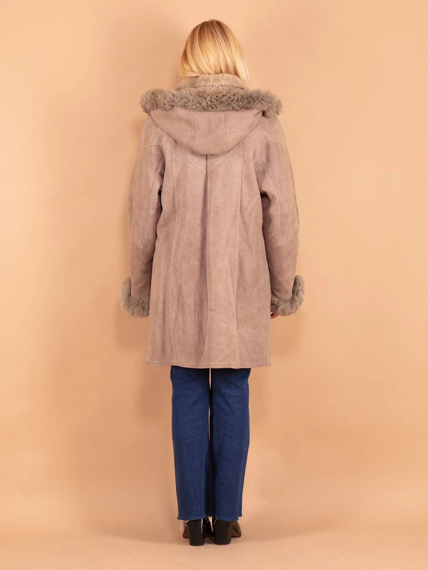 Vintage 80's Women Hooded Sheepskin Coat in Beige