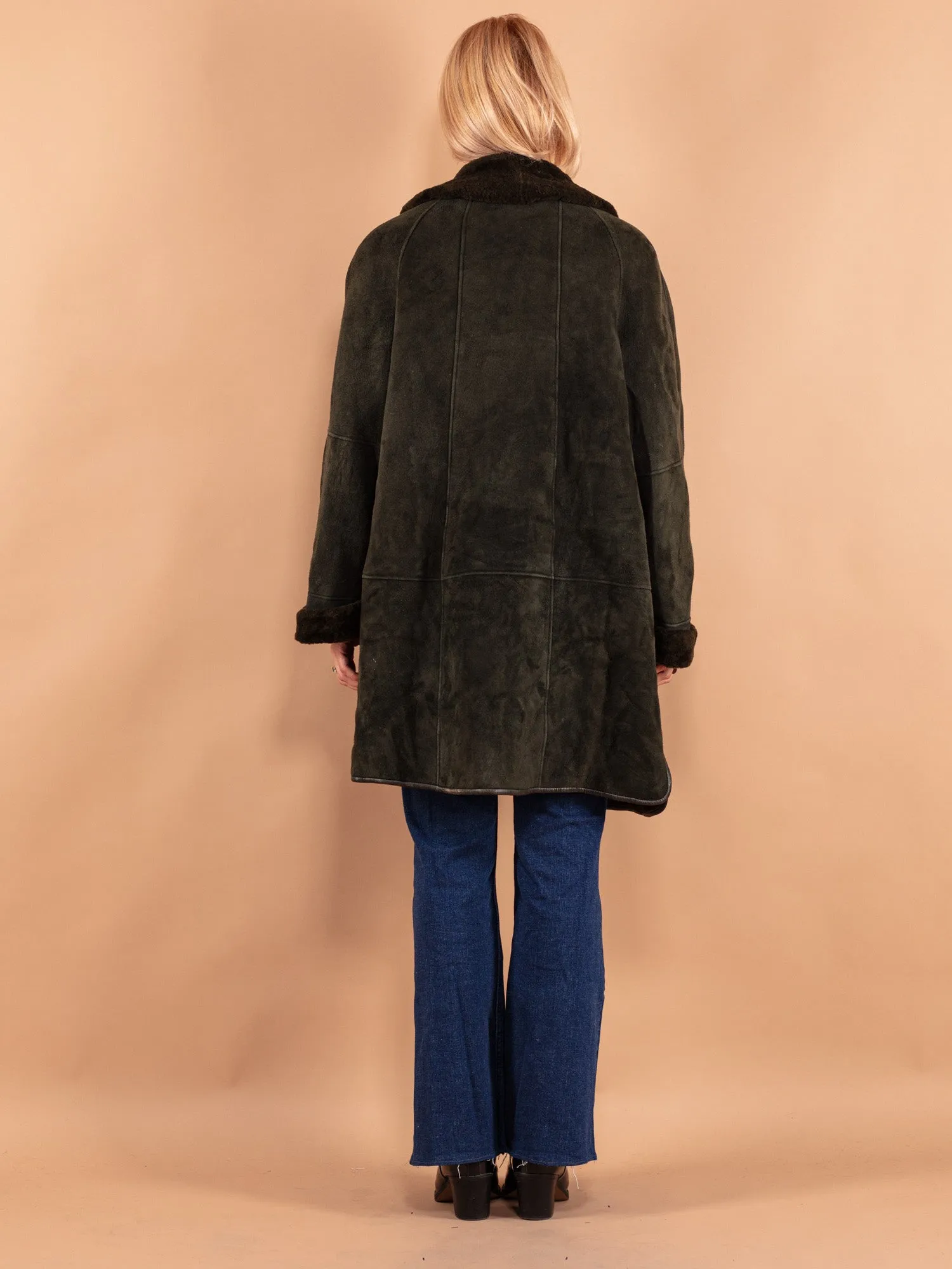 Vintage 80's Women Oversized Sheepskin Coat in Green