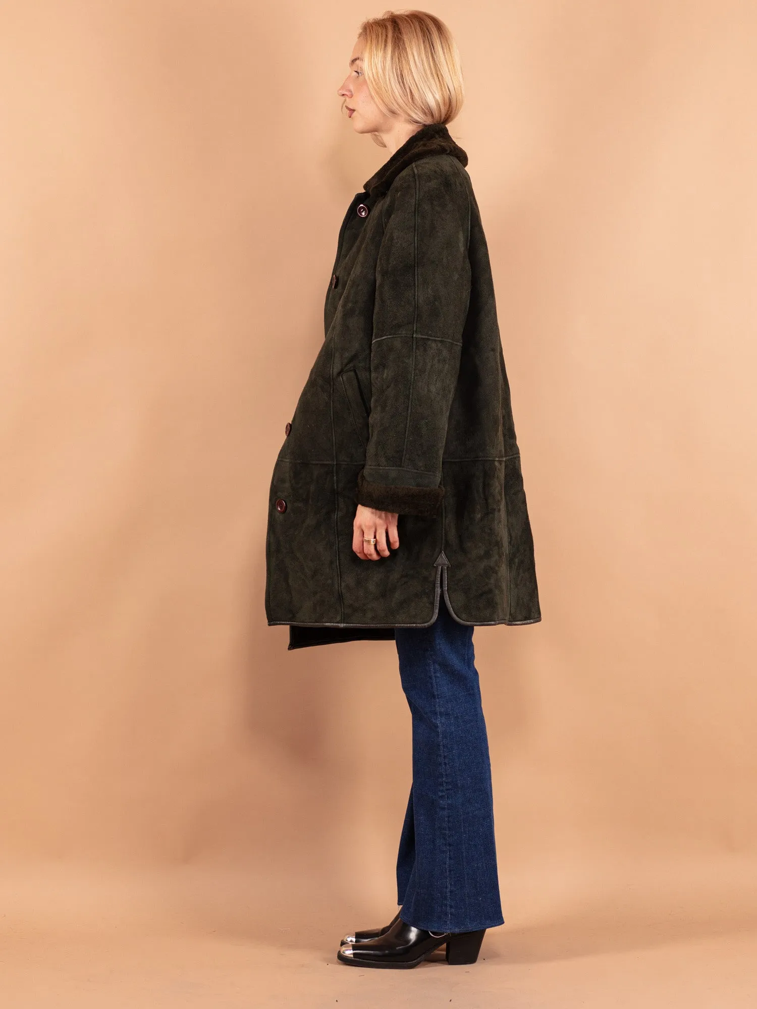 Vintage 80's Women Oversized Sheepskin Coat in Green