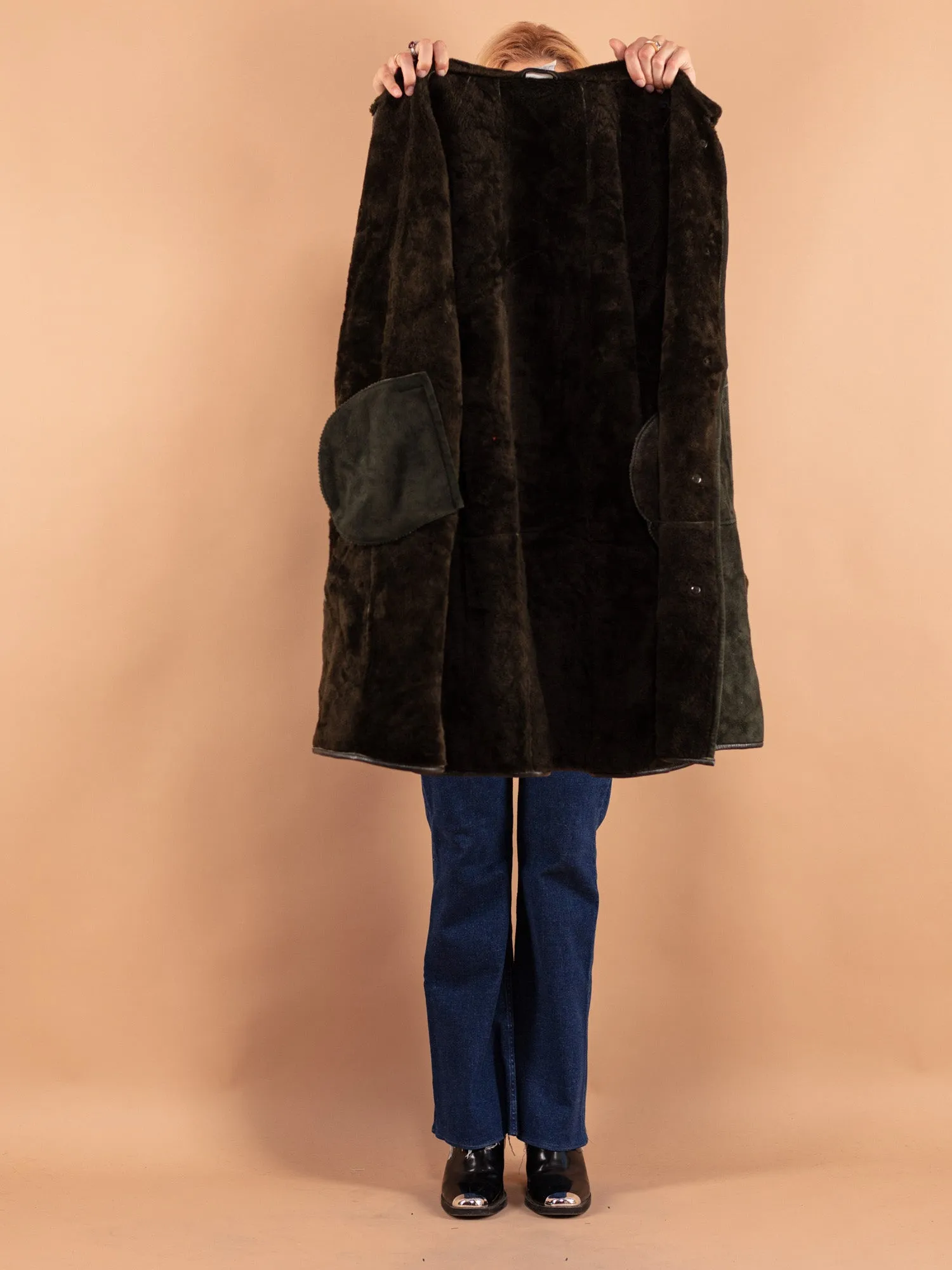 Vintage 80's Women Oversized Sheepskin Coat in Green