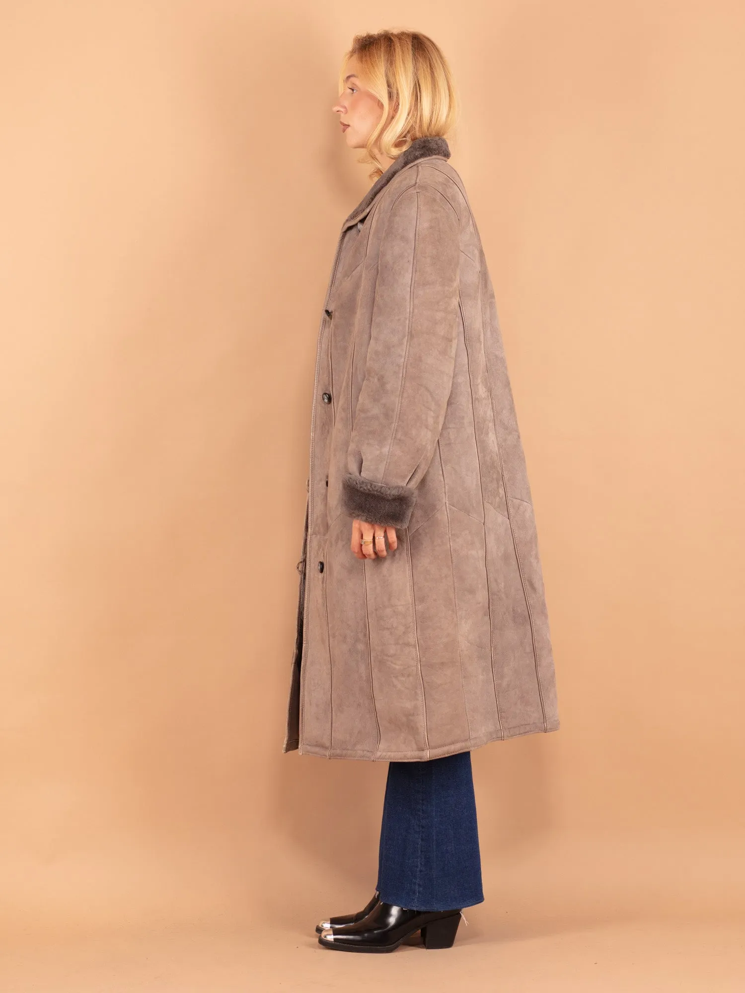 Vintage 80's Women Sheepskin Long Coat in Beige