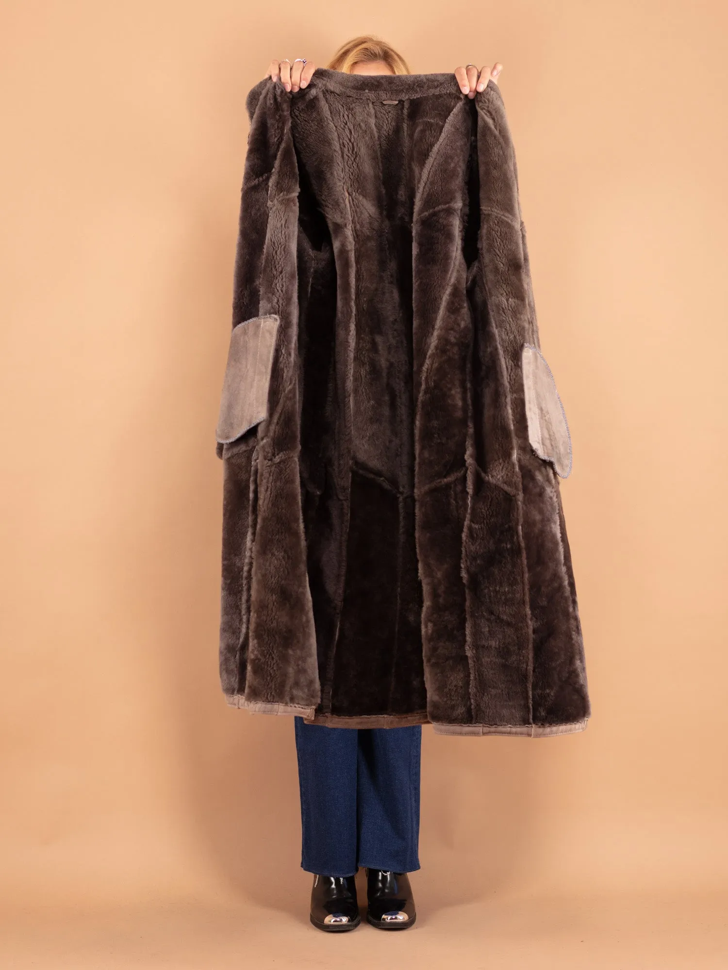 Vintage 80's Women Sheepskin Long Coat in Beige