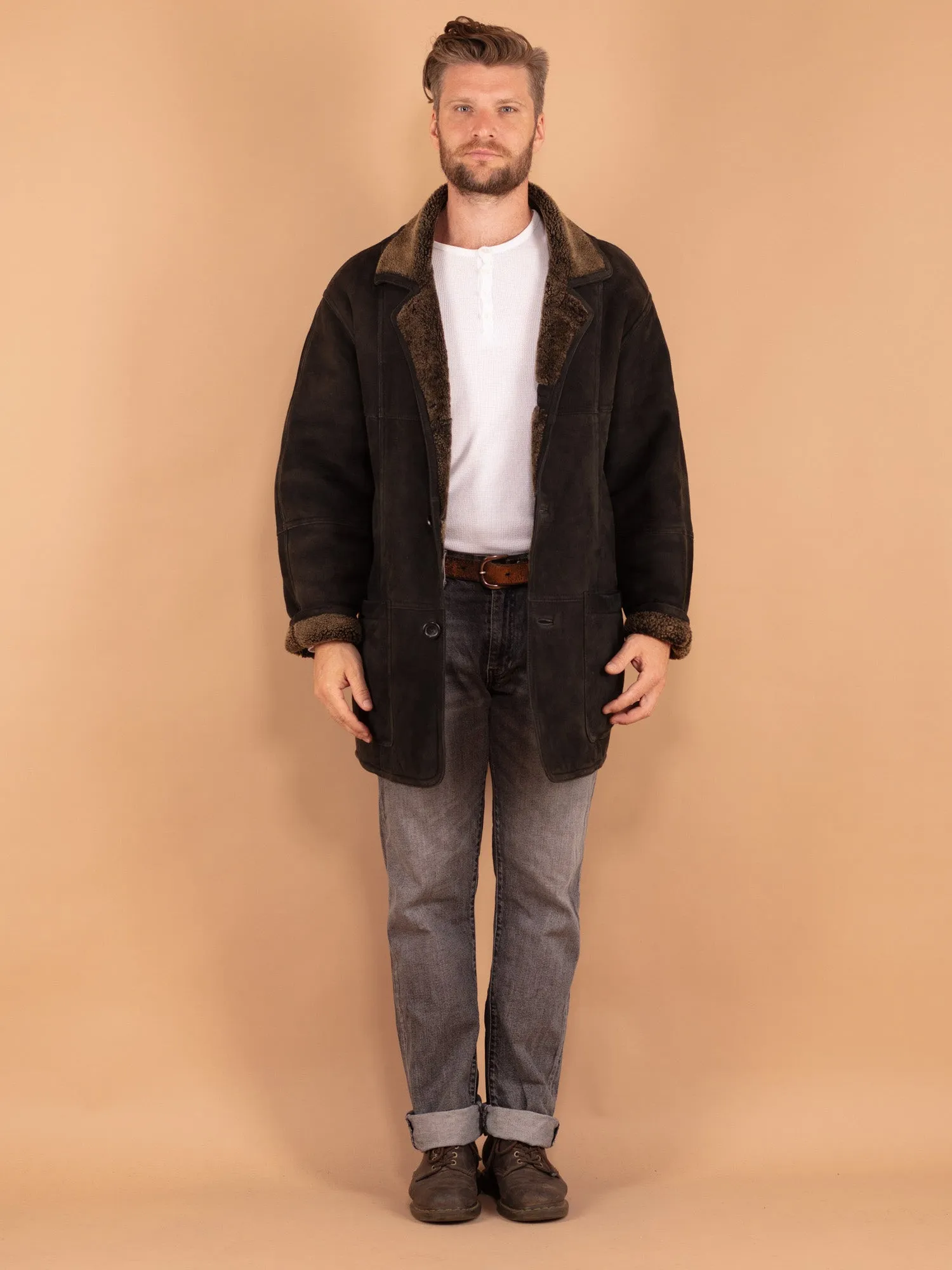 Vintage 90's Men Sheepskin Coat in Black