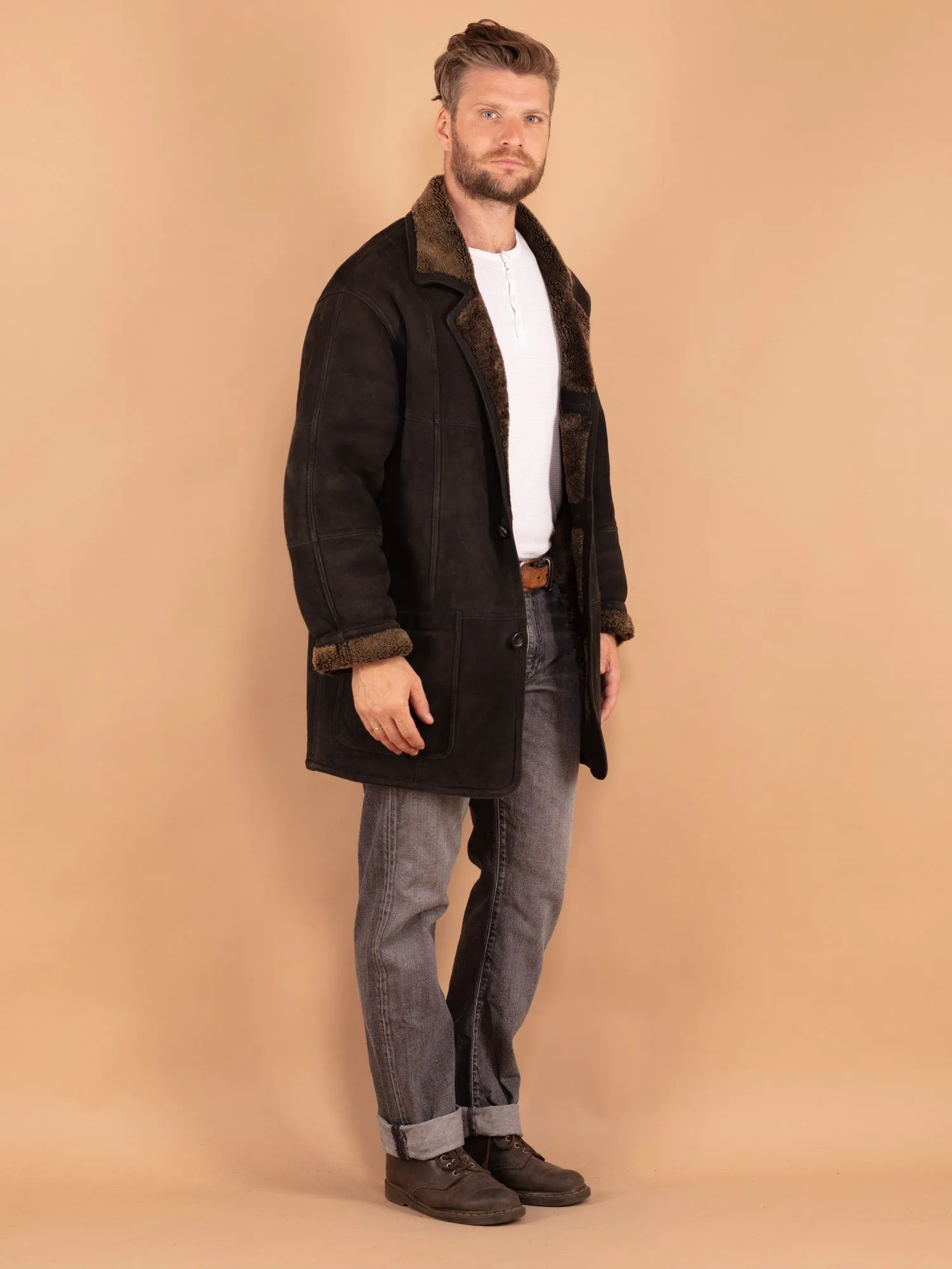 Vintage 90's Men Sheepskin Coat in Black