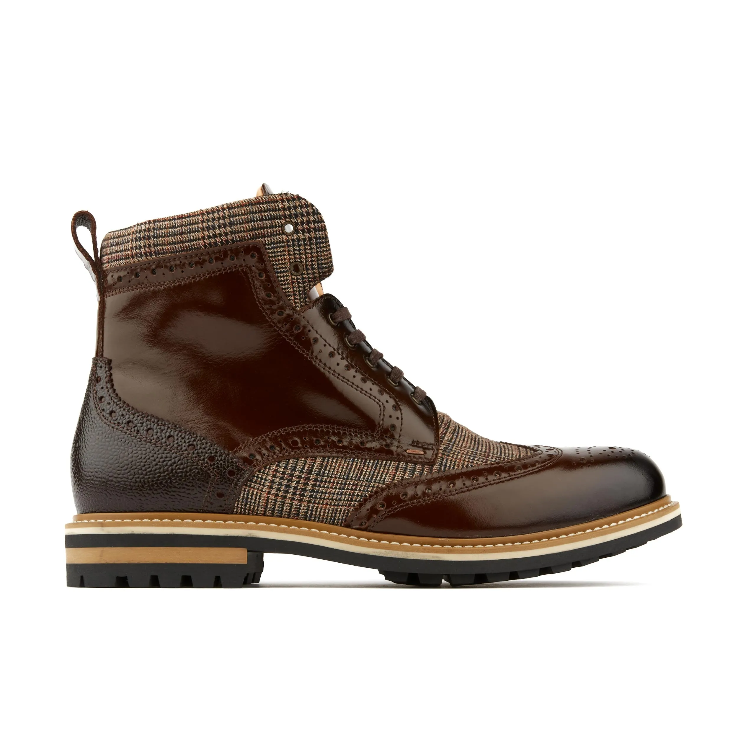 WANDERER BROWN CHECK - Men's combat style size sipper boot in leather and textile